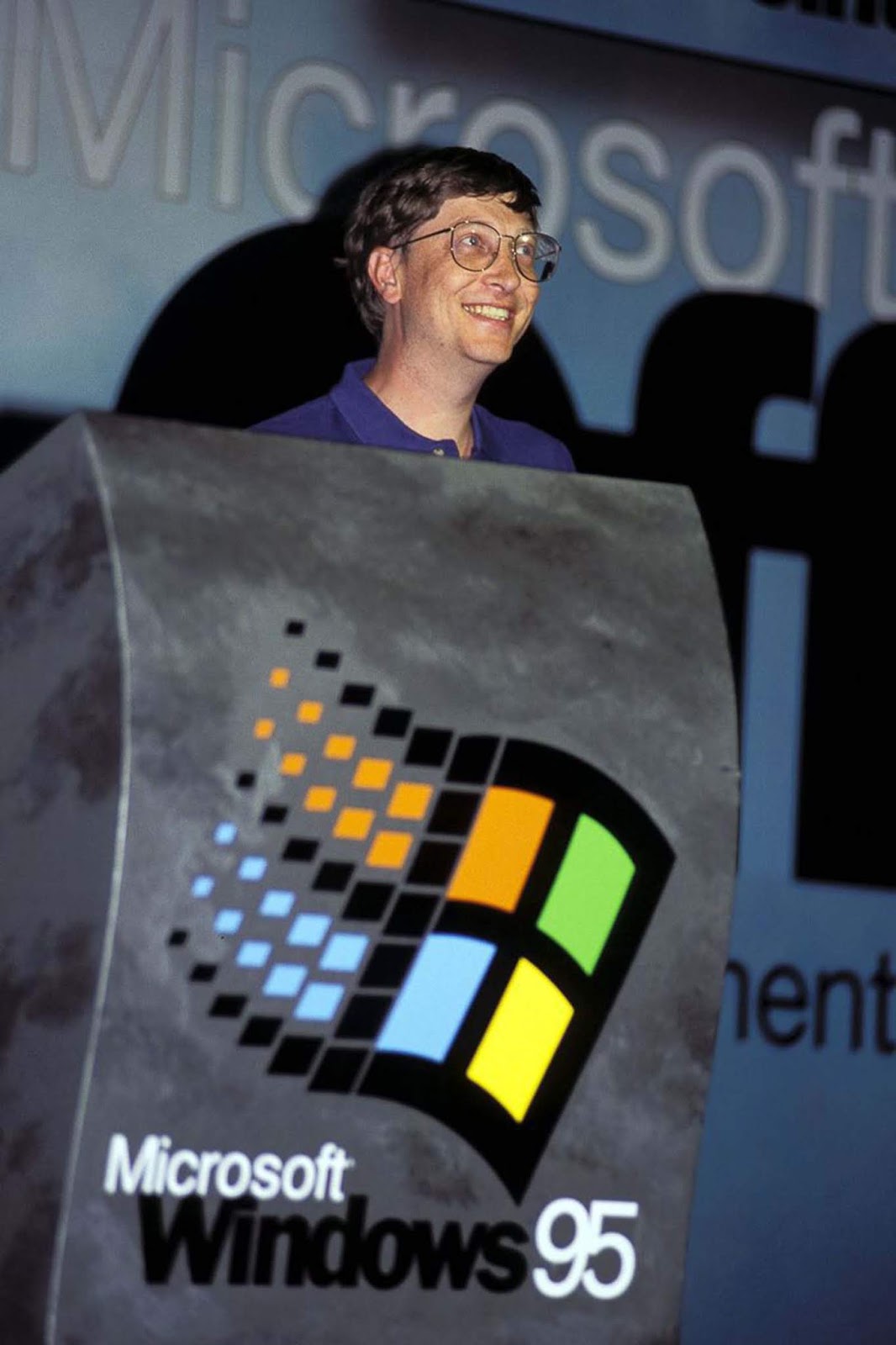 Bill Gates introduces Windows 95 at an event in Madrid, Spain.