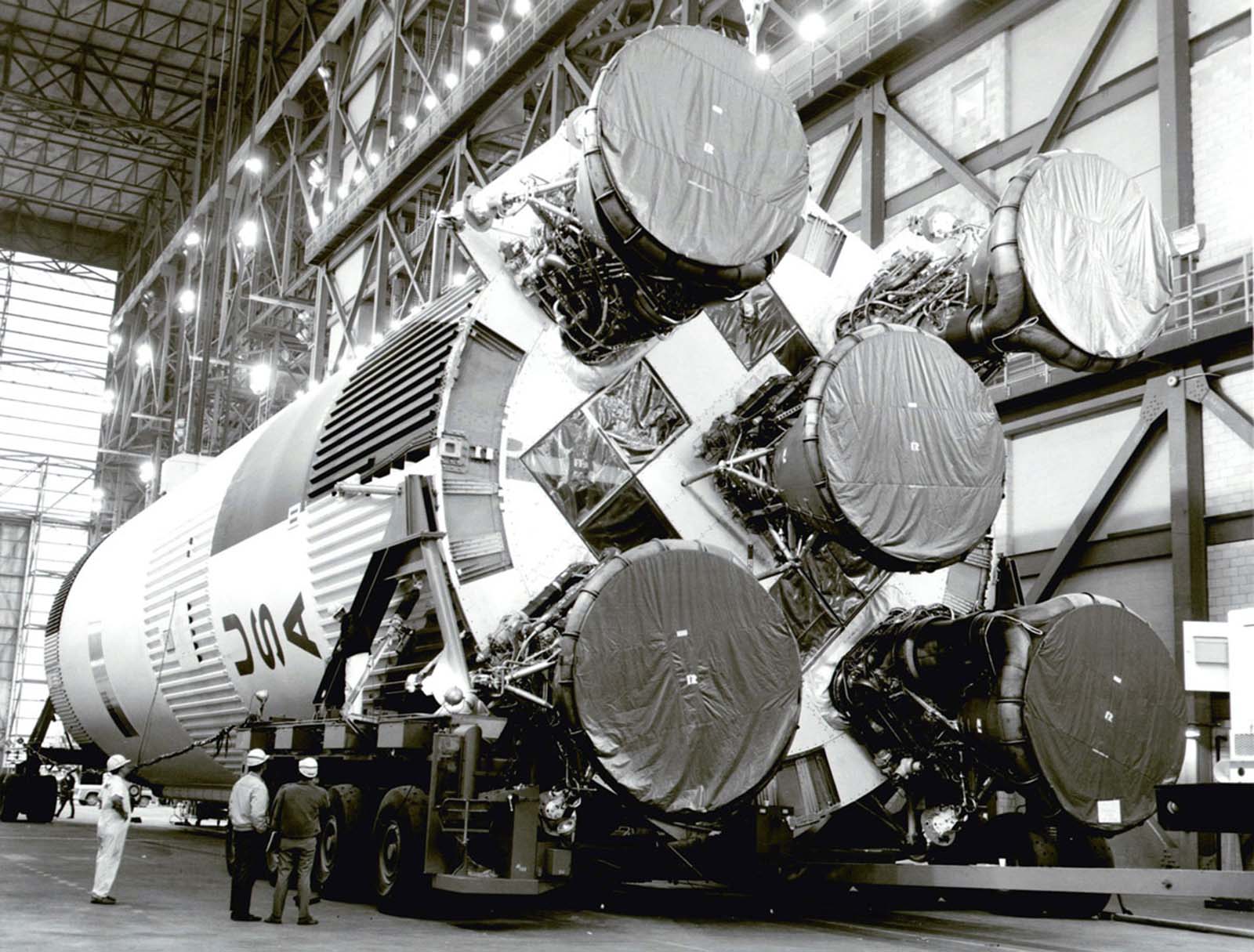 The S-1C booster for the Apollo 11 Saturn V waits inside the Vehicle Assembly Building at NASA's Kennedy Space Center in Florida on February 21, 1969.