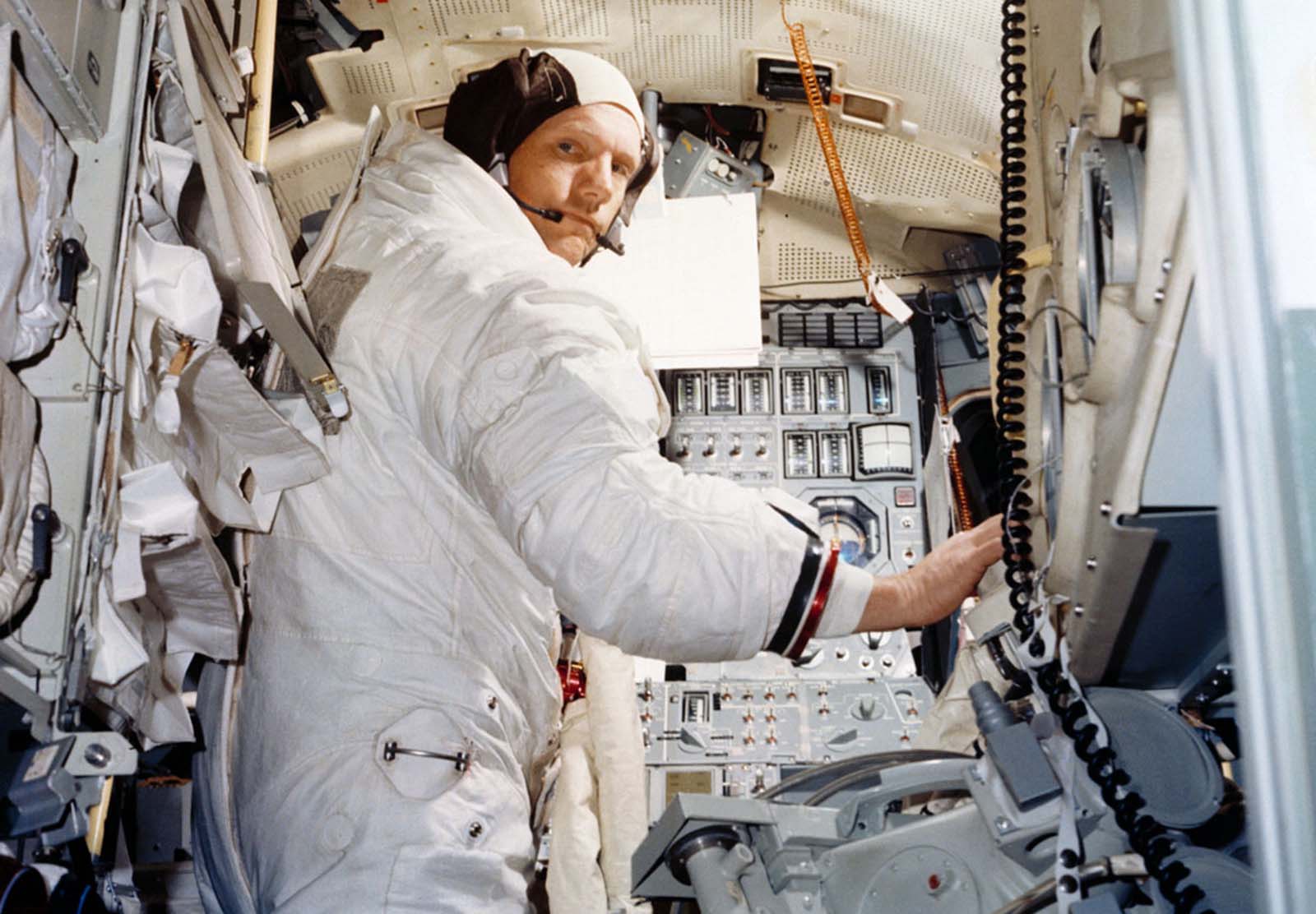 Neil Armstrong trains in a lunar-module simulator in June 1969.