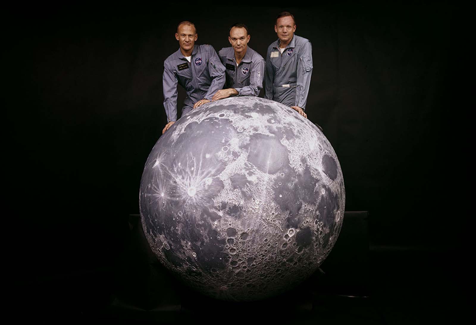 A portrait of Buzz Aldrin, Michael Collins, and Neil Armstrong, the crew of NASA's Apollo 11 mission to the moon, in the spring of 1969.