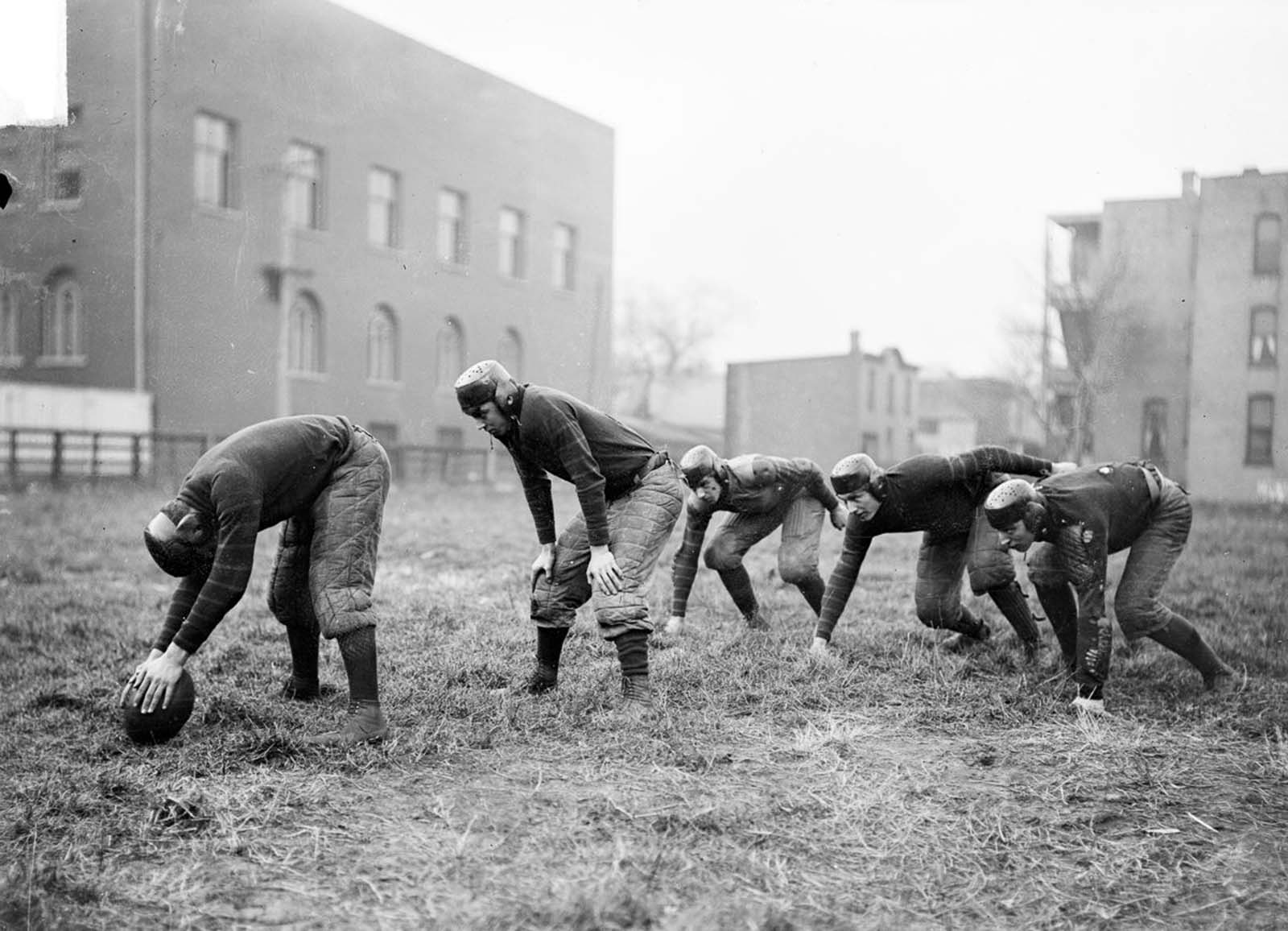 High school football players practice in Chicago. 1902.