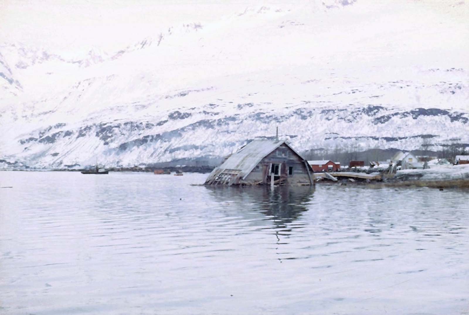 The roof of a structure dragged into an Alaskan bay after the 1964 earthquake.
