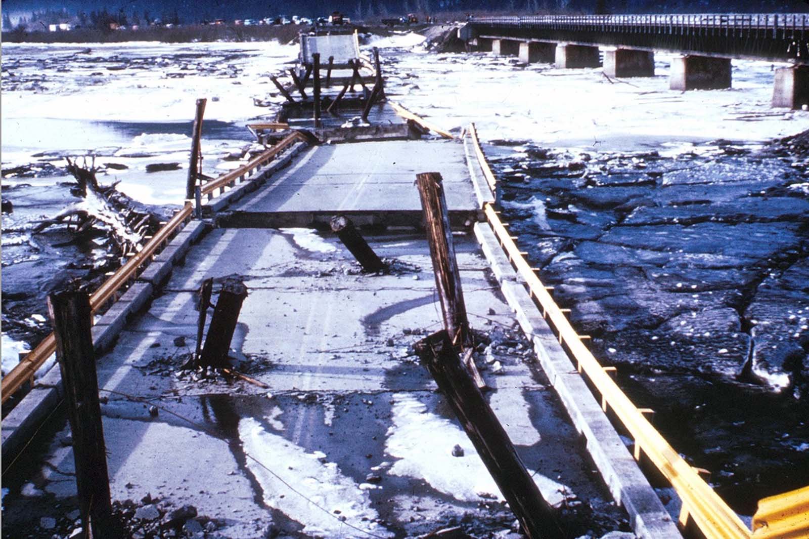 Support columns punched through the deck of the Twentymile River Bridge, as it collapsed during the earthquake, near Turnagain Arm on Cook Inlet. The adjacent steel railroad bridge survived with only minor damage.