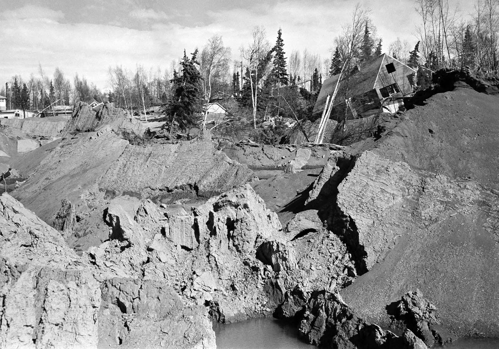 An earthquake-and-landslide-damaged neighborhood in Anchorage, Alaska.