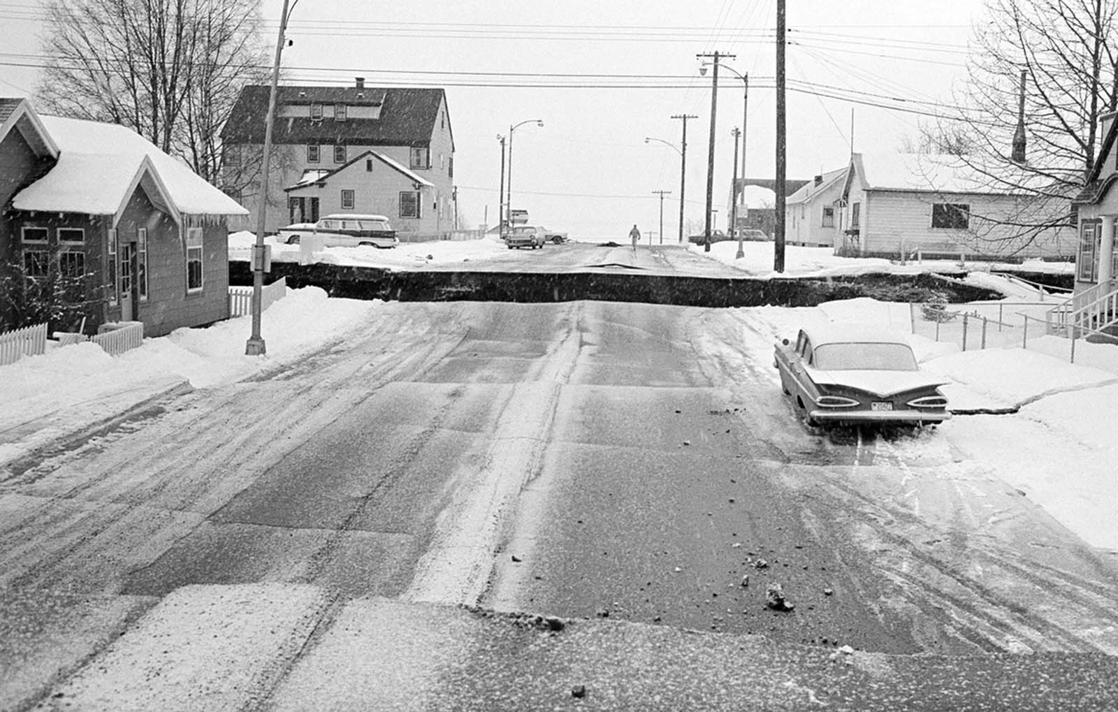 A fractured city block in Anchorage, Alaska, on March 28, 1964.
