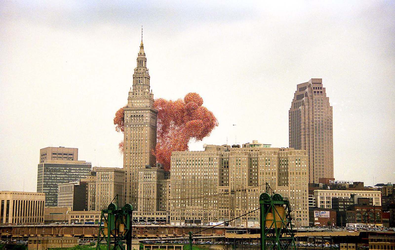 The event was intended to be a harmless fundraising publicity stunt, but the balloons drifted back over the city, Lake Erie, and landed in the surrounding area, and caused problems for traffic and a nearby airport.