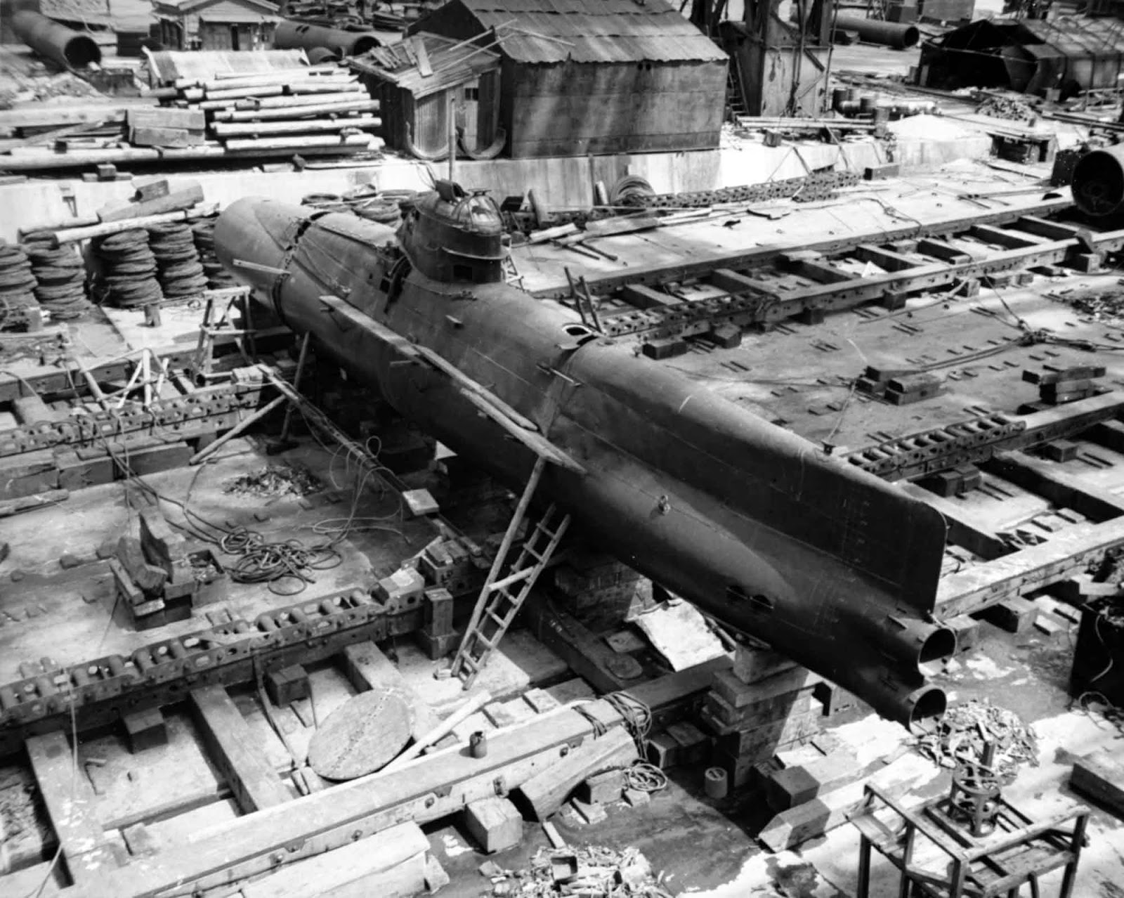 Japanese Type D (Koryu) midget submarine on the Yokosuka Naval Base, Japan, September 8, 1945.