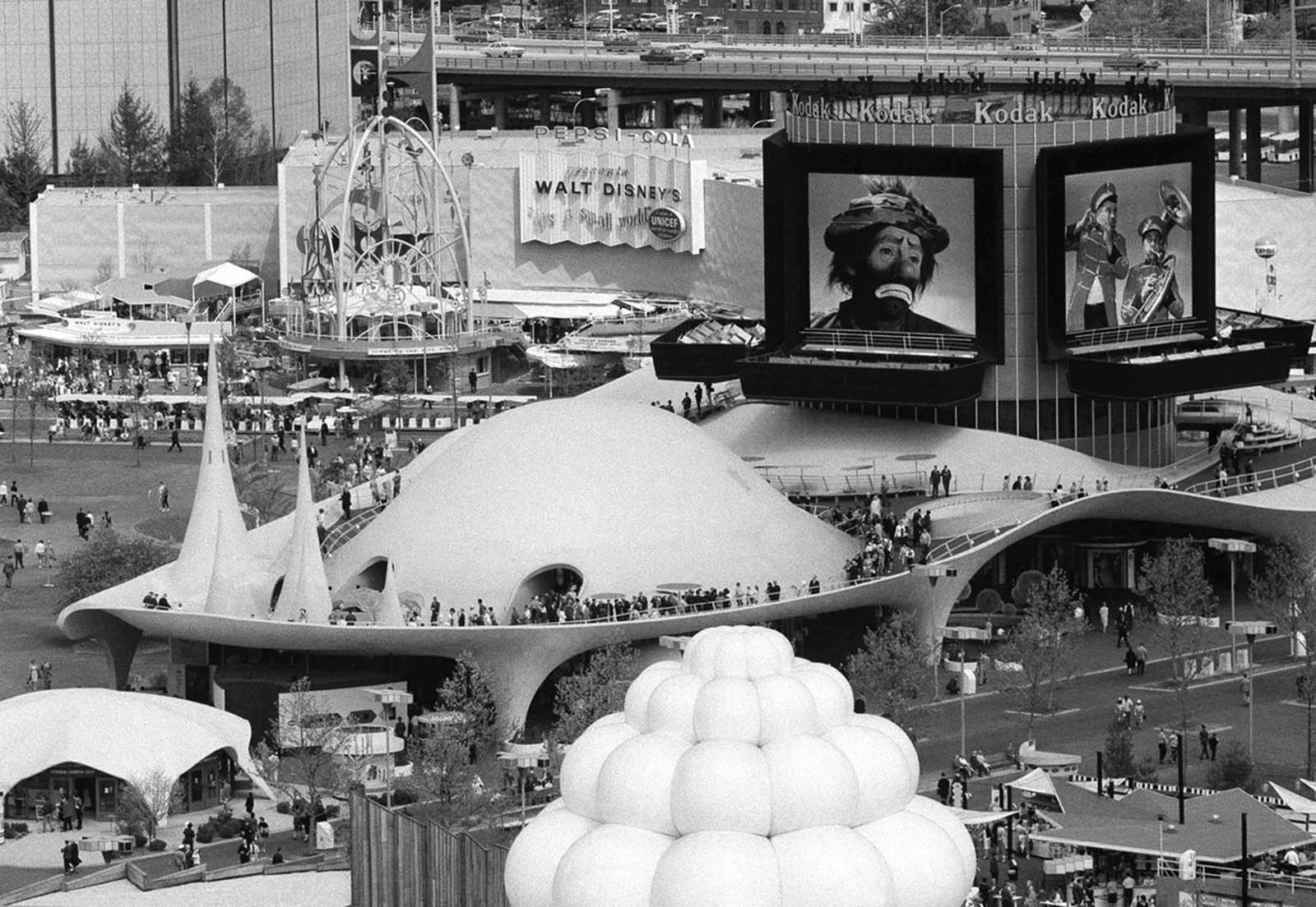 Upon arrival at the fair, most visitors look for the highest vantage point to take in the vast panorama of the grounds in New York, May 12, 1964. While not the highest point, the roof of the Eastern Kodak Pavilion offers views in all directions and is one of the popular stops on the sightseeing tour.