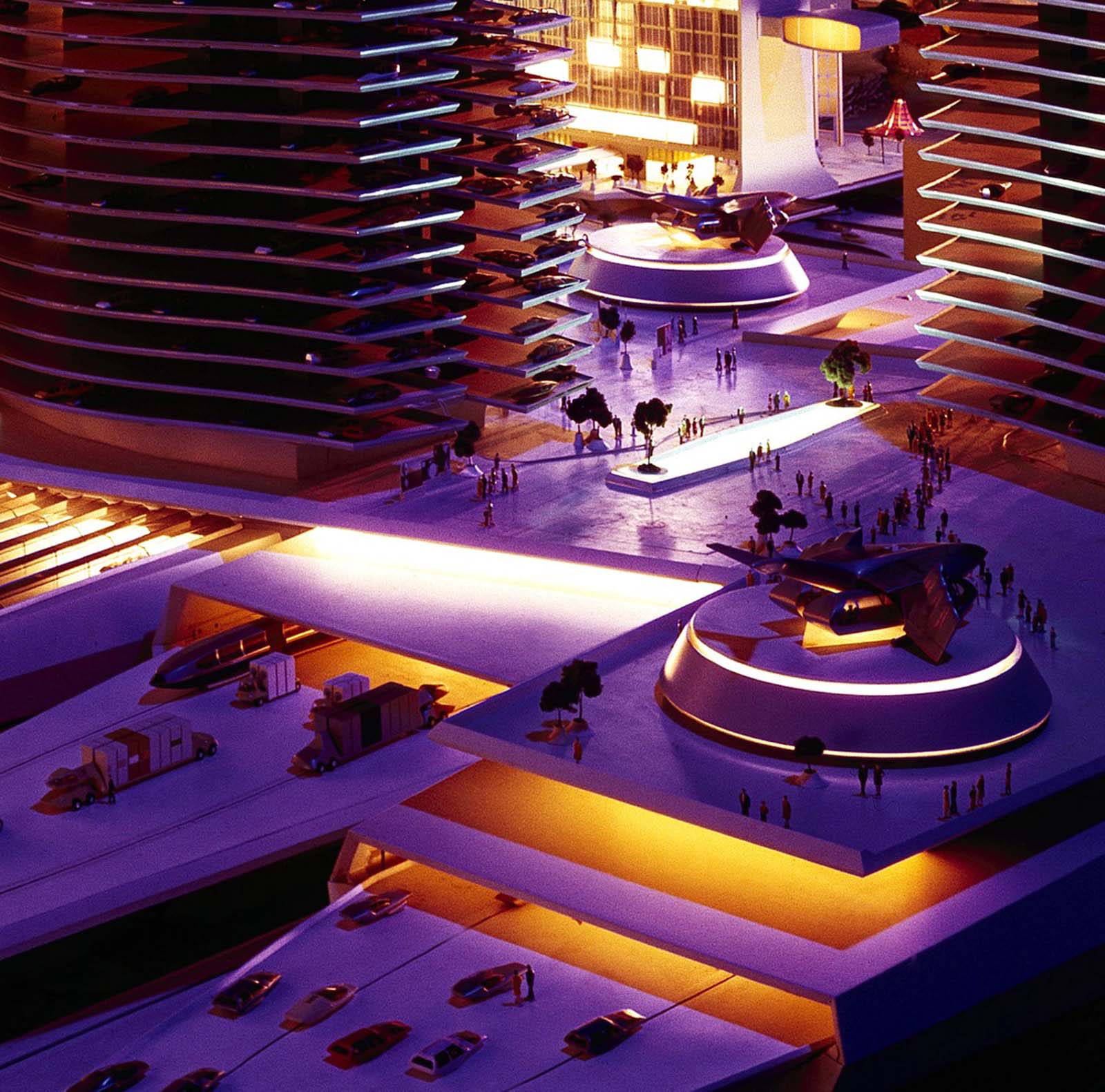 A detail of the previous photo of the city of the future, featuring automated roadways, landing ports for aircraft that can take off and land vertically, and 35-story parking garages, part of GM's Futurama exhibit at the World's Fair.