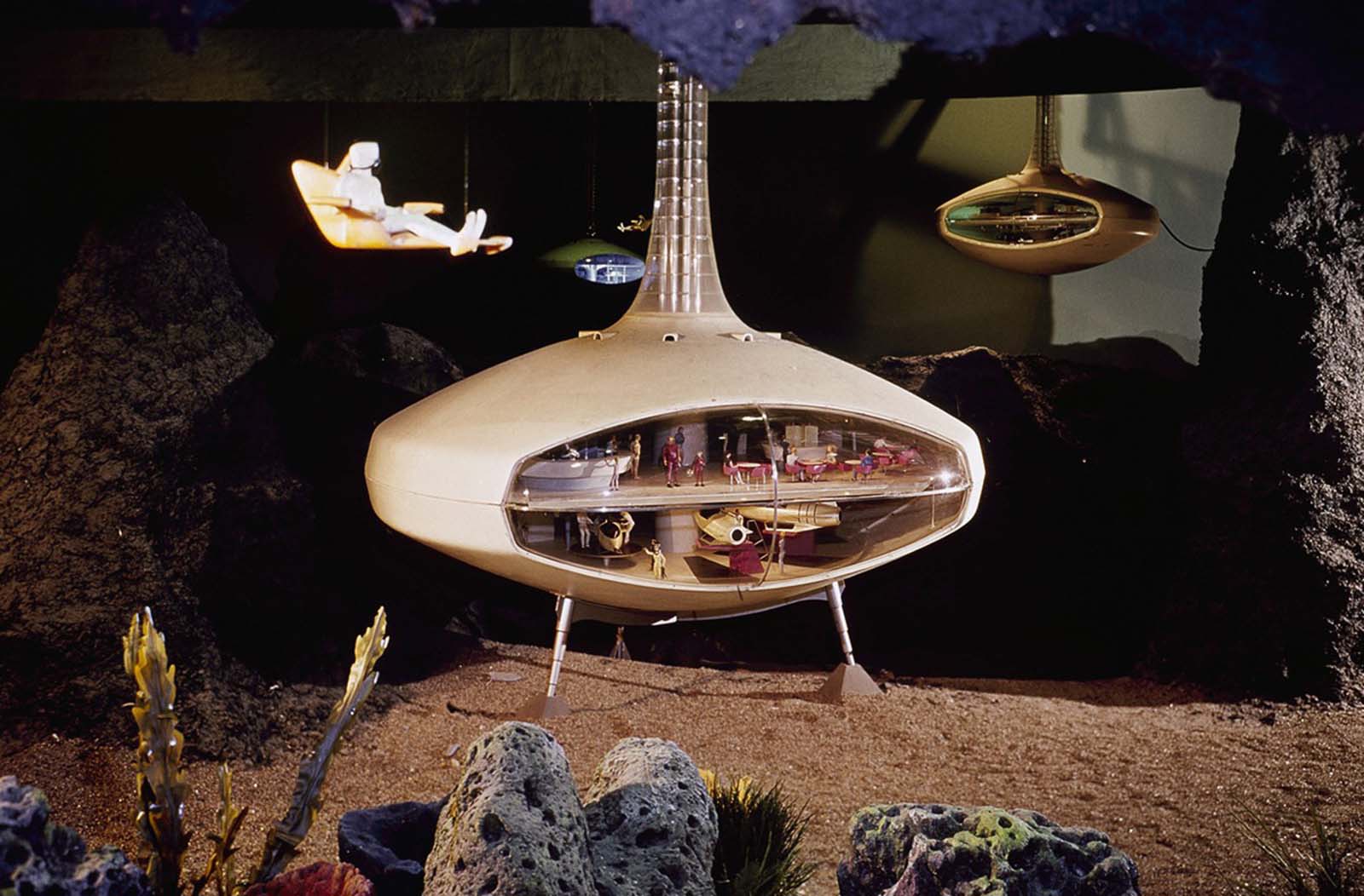 A future life underwater, where the ocean floor is tapped for oil and vacationers relax at a resort beneath the surface, part of GM's Futurama exhibit at the World's Fair.