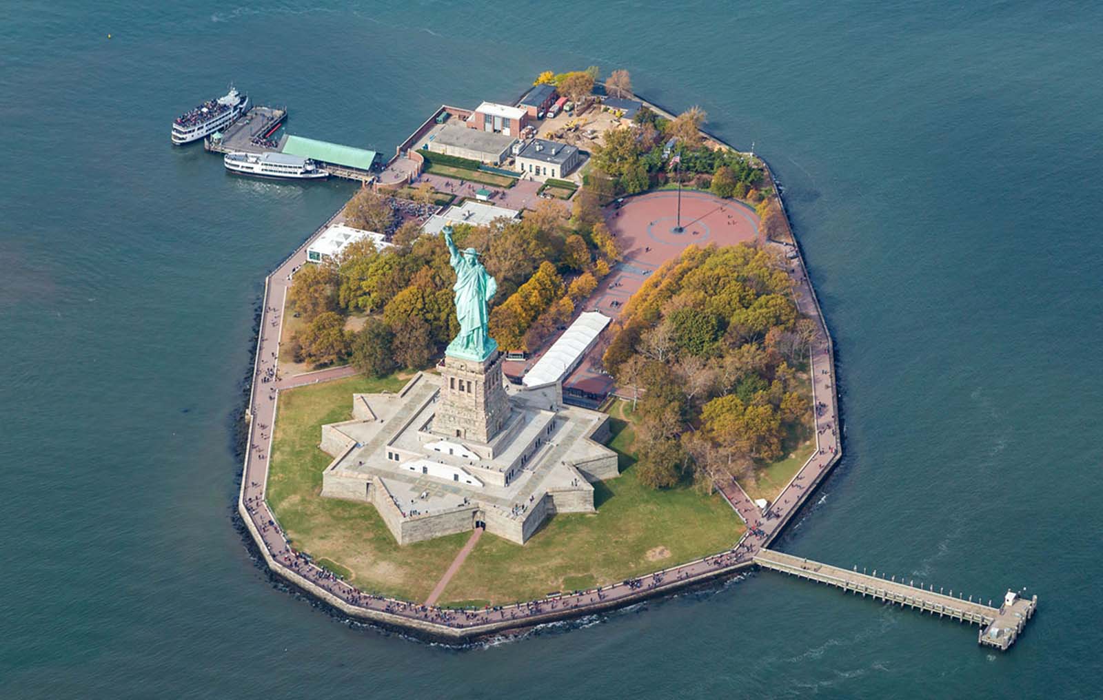 An aerial view of the statue and Liberty Island, taken in October 2015.