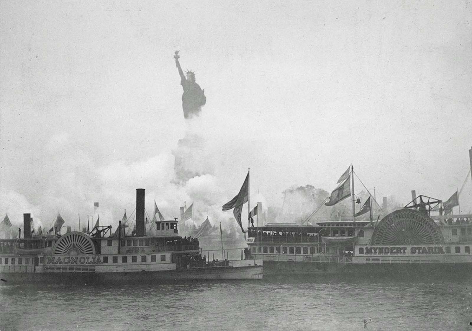 The inauguration of the Statue of Liberty, Liberty Enlightening the World, in New York Harbor, on October 28, 1886. A military and naval salute marked the event, presided over by U.S. President Grover Cleveland.