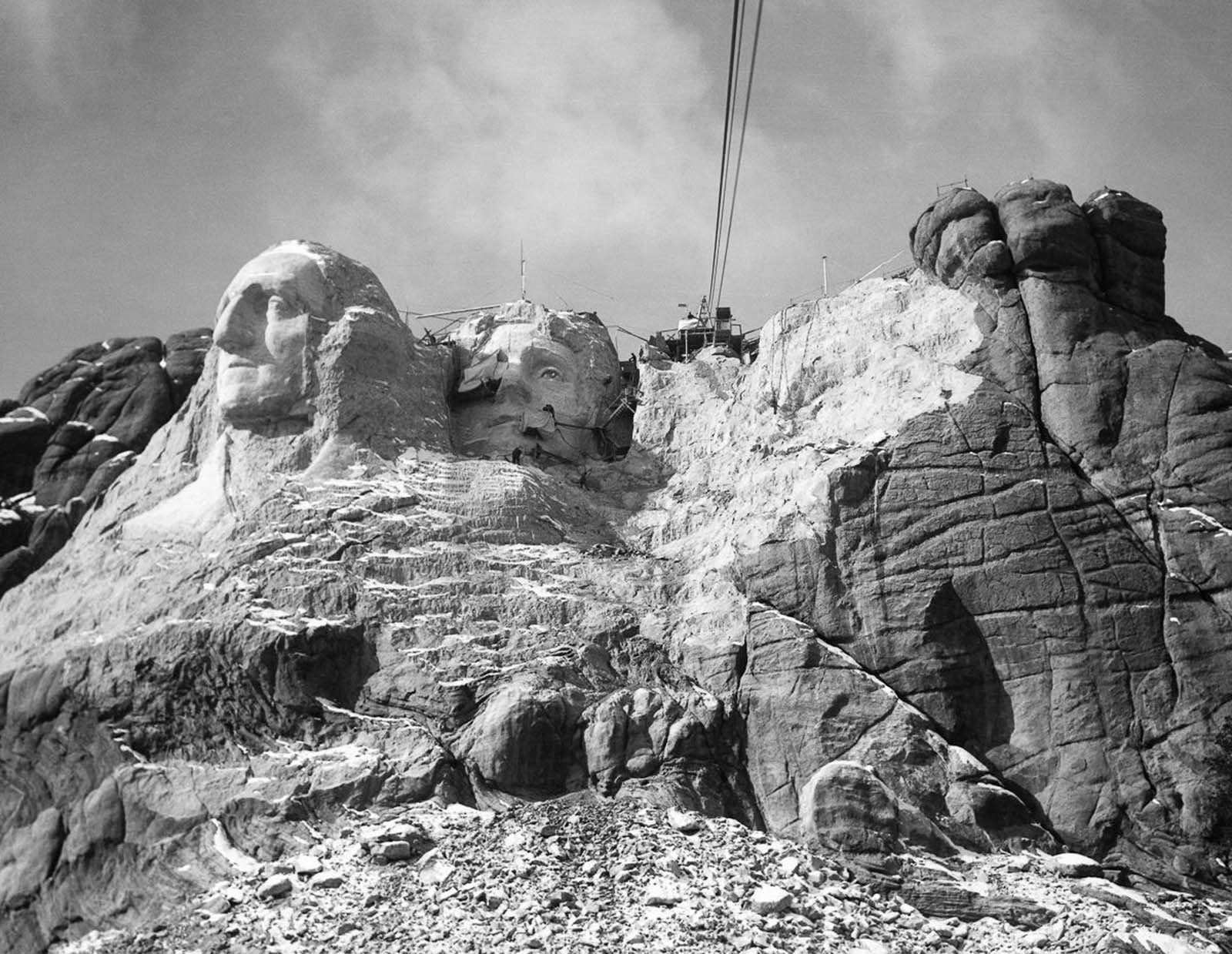 The progress of Mount Rushmore project in 1935.