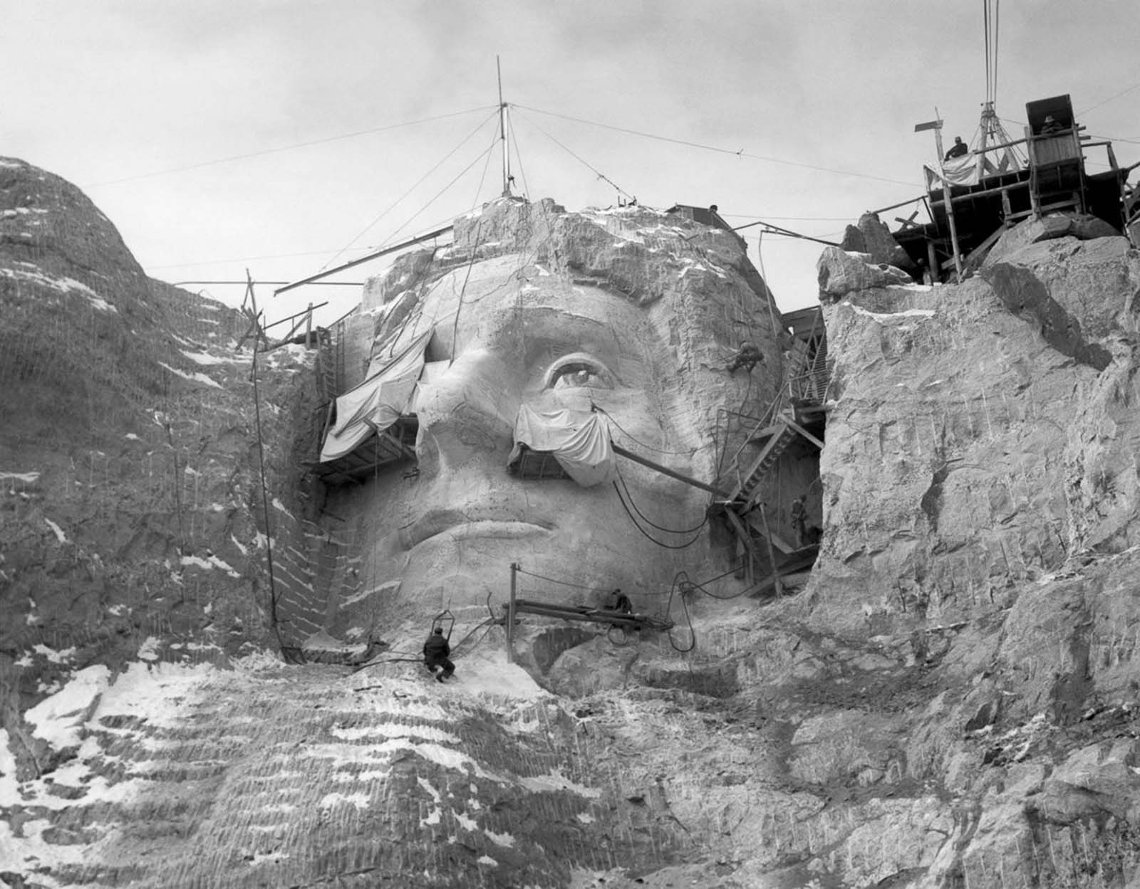 Working on the face of Thomas Jefferson. 1935.