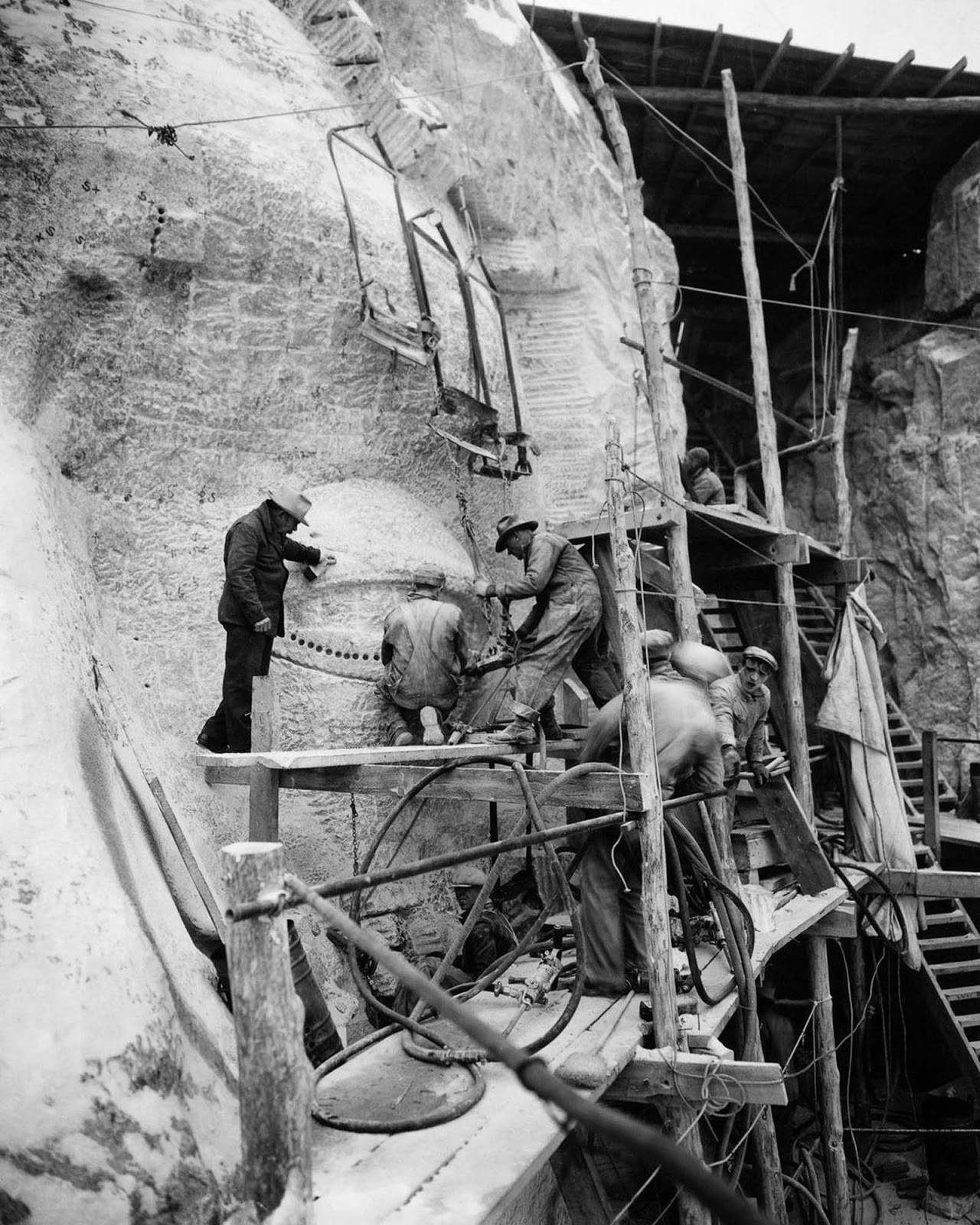 Sculptors work on Thomas Jefferson's eye. 1936.