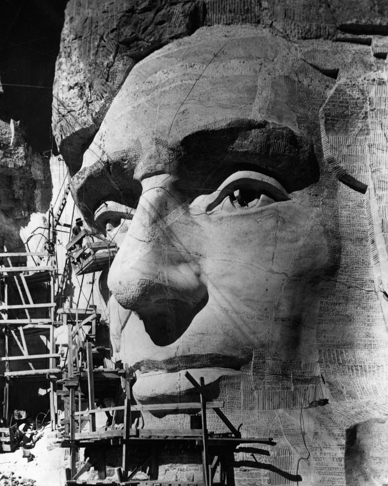 Borglum works on Abraham Lincoln's eye. 1937.