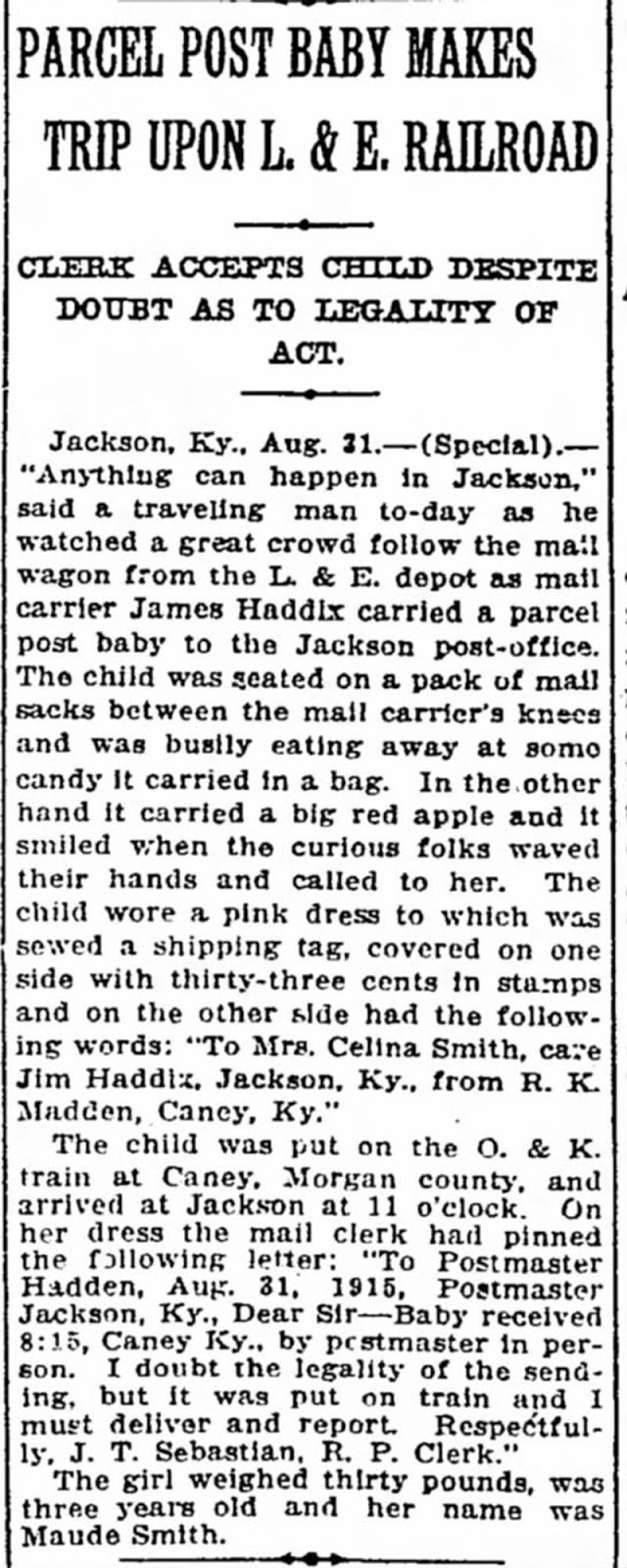 The last known account of a child being sent through the mail.