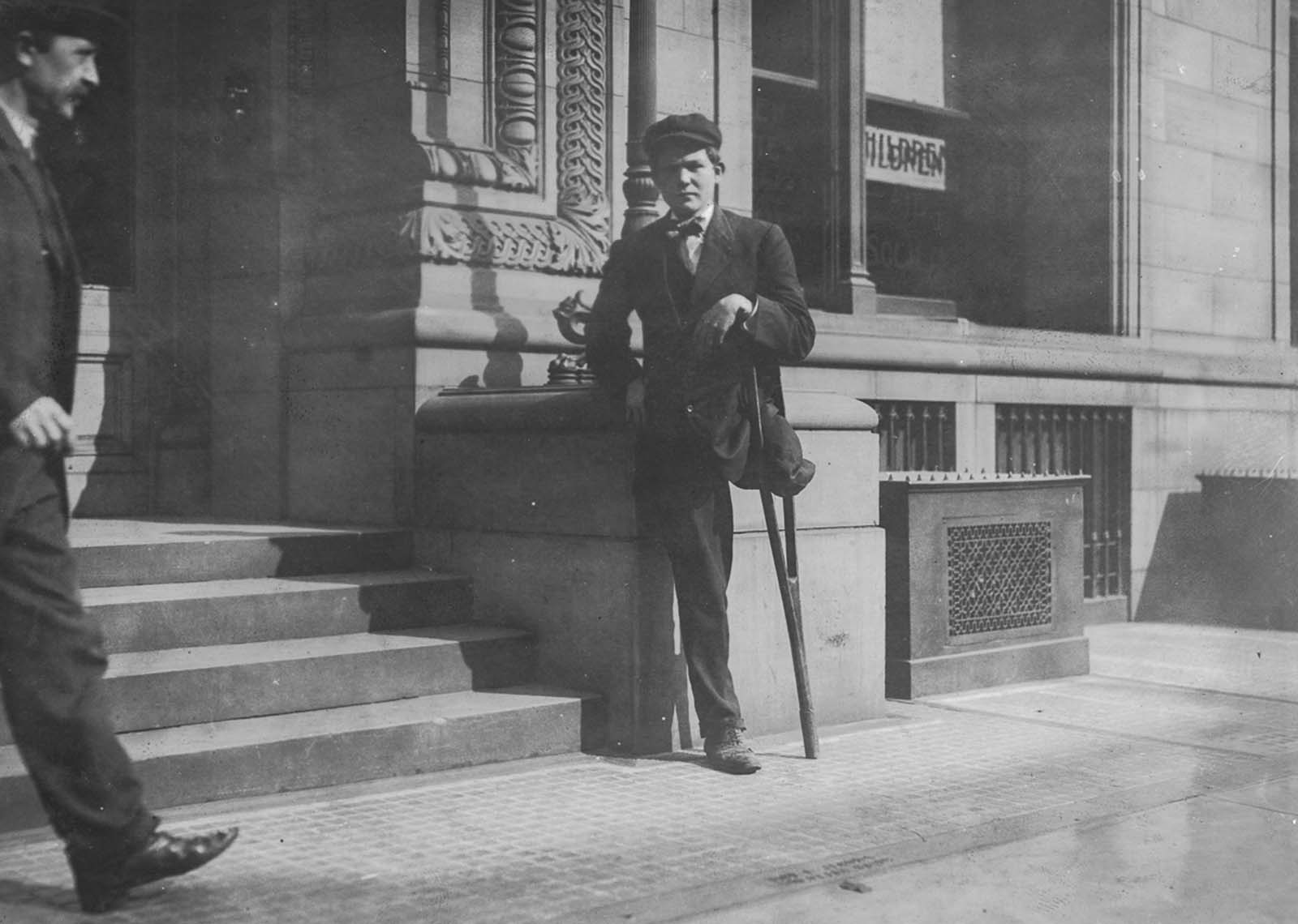 Neil Gallagher, who lost his leg in an accident in a Pennsylvania mine at the age of 13. 1909.