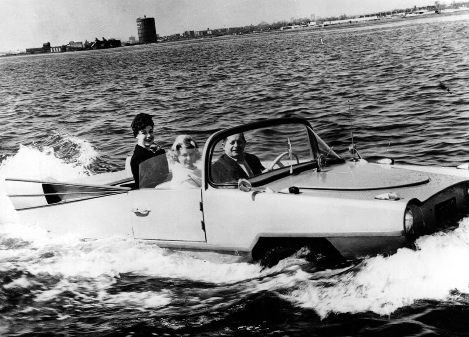 The Amphicar is demonstrated at the International Motor Show on Long Island. 1960.