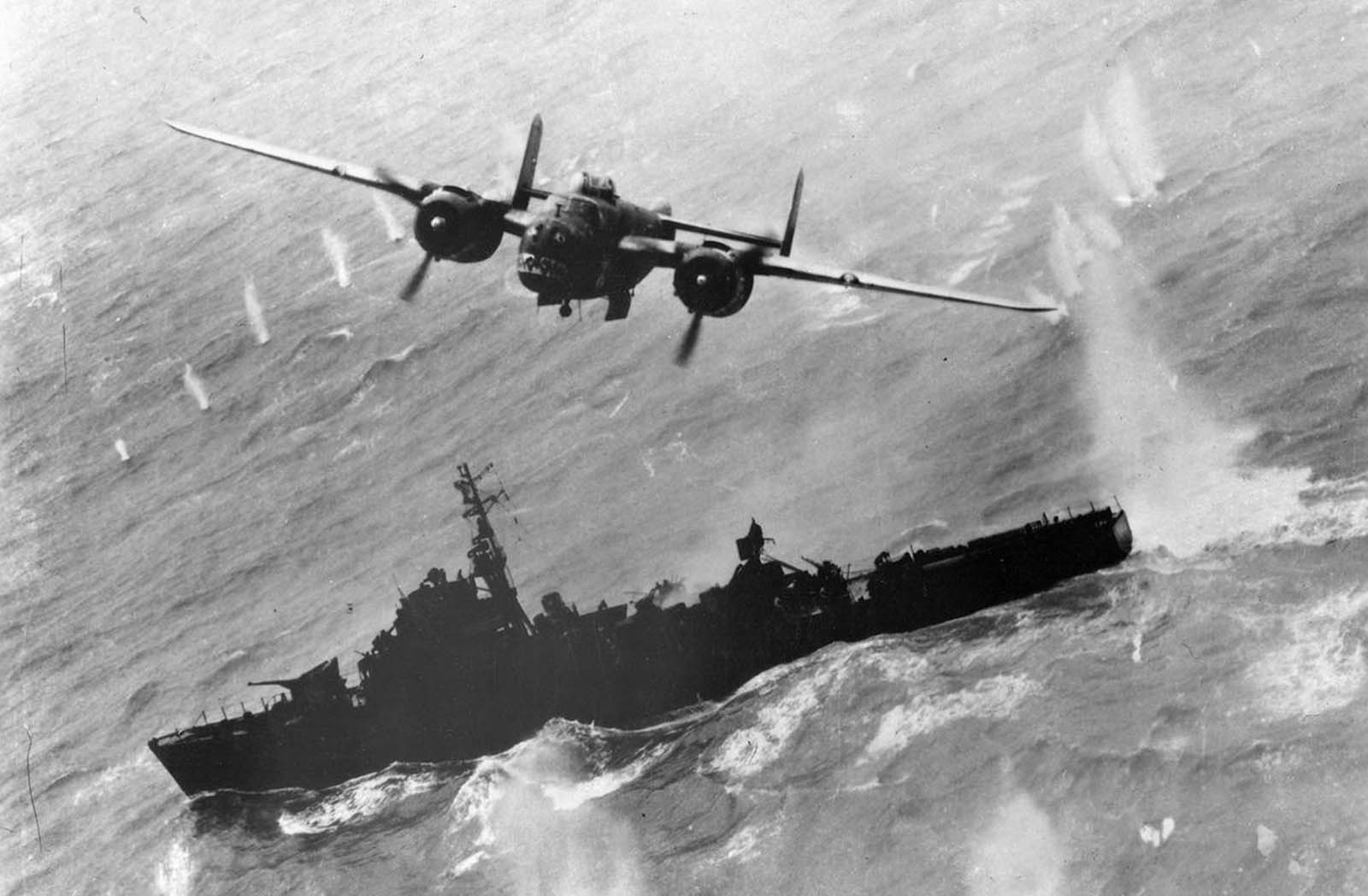 A North American B-25 makes a bomb run on a Japanese destroyer escort off Formosa in April of 1945.