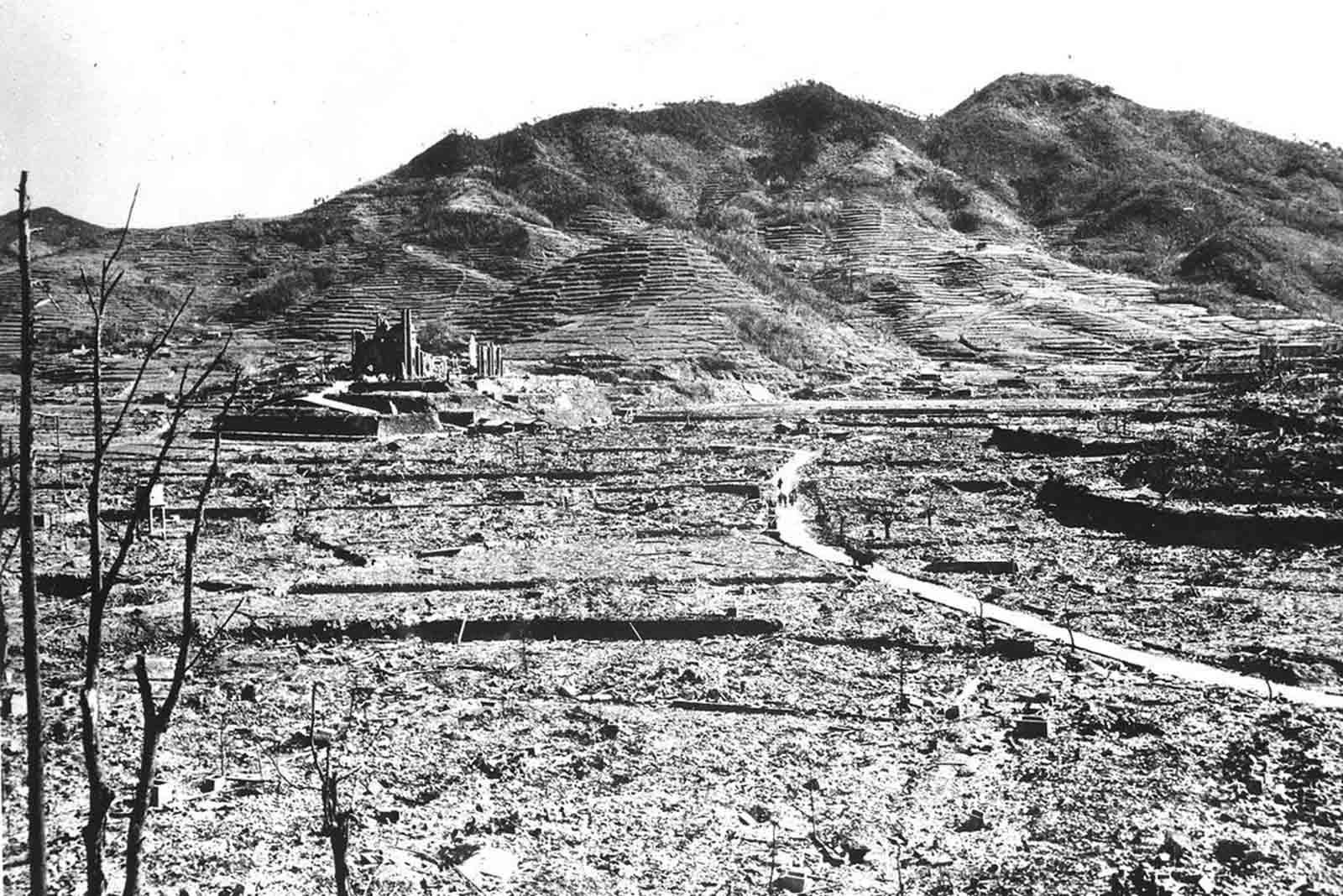 The only recognizable structure remaining is a ruined Roman Catholic Cathedral in background on a destroyed hill, in Nagasaki, Japan in 1945.
