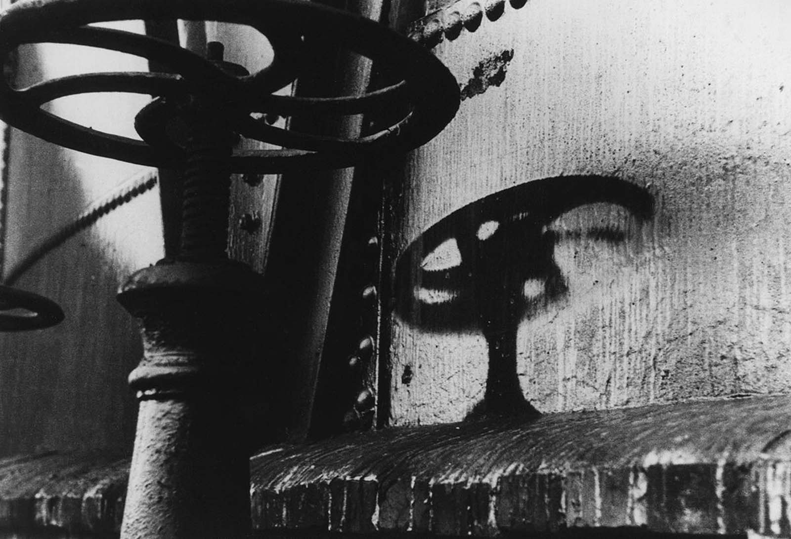 The shadow of a handle on a gasometer left an imprint after the August 6, 1945 atomic bomb explosion, two kilometers away from the hypocenter in Hiroshima.
