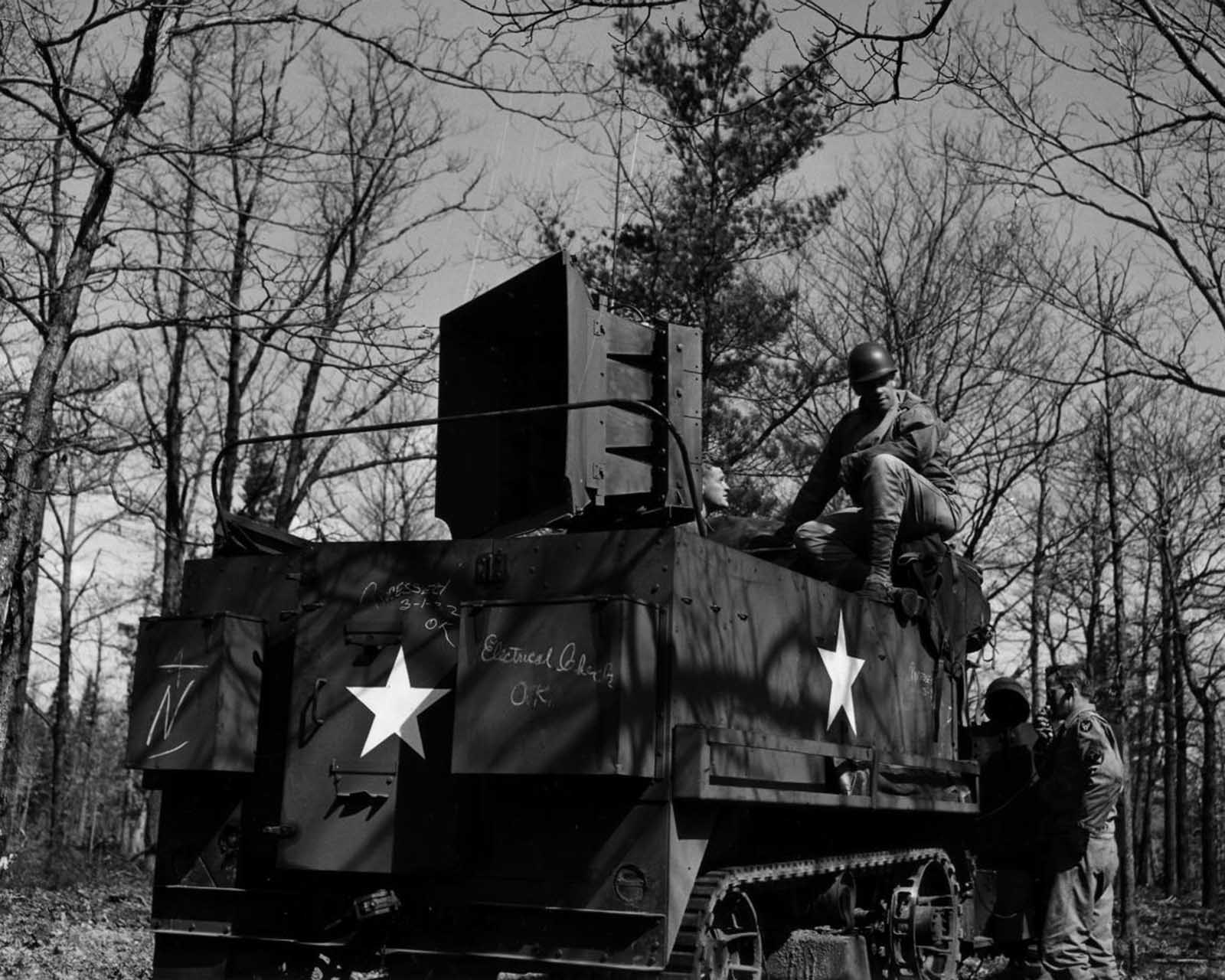 To complete the experience, the Ghost Army also used sonic deception, helped by engineers from Bell Labs. The team recorded sounds of various units onto a series of sound-effects records, each up to 30 minutes long. The sounds were recorded on state-of-the-art equipment, and then played back with powerful amplifiers and speakers that could be heard 15 miles (24 km) away. 