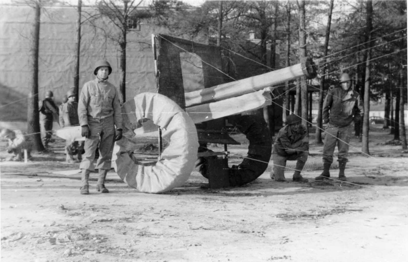 The 1,100-strong Ghost Army would usually impersonate a specific, much larger division, such as the 6th Armored Division, which had 15,000–20,000 soldiers. This photo shows a mock-up of an artillery piece typically used to support large divisions.