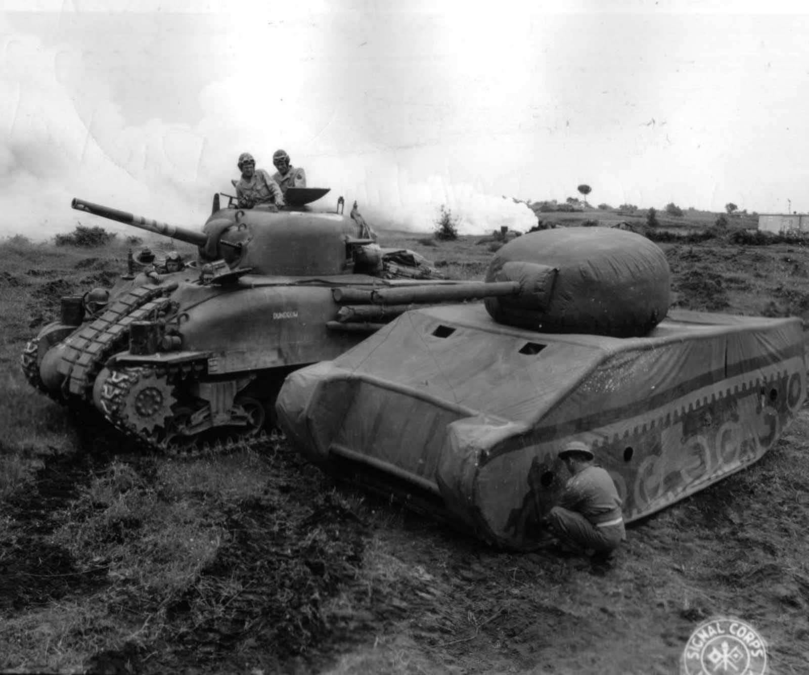 A Ghost Army trooper paints an inflatable rubber tank modelled on an M-4 Sherman. The 23rd Headquarters Special Troops, an elite force whose speciality was tactical deception, was a matter of military secrecy until its declassification in 1996.