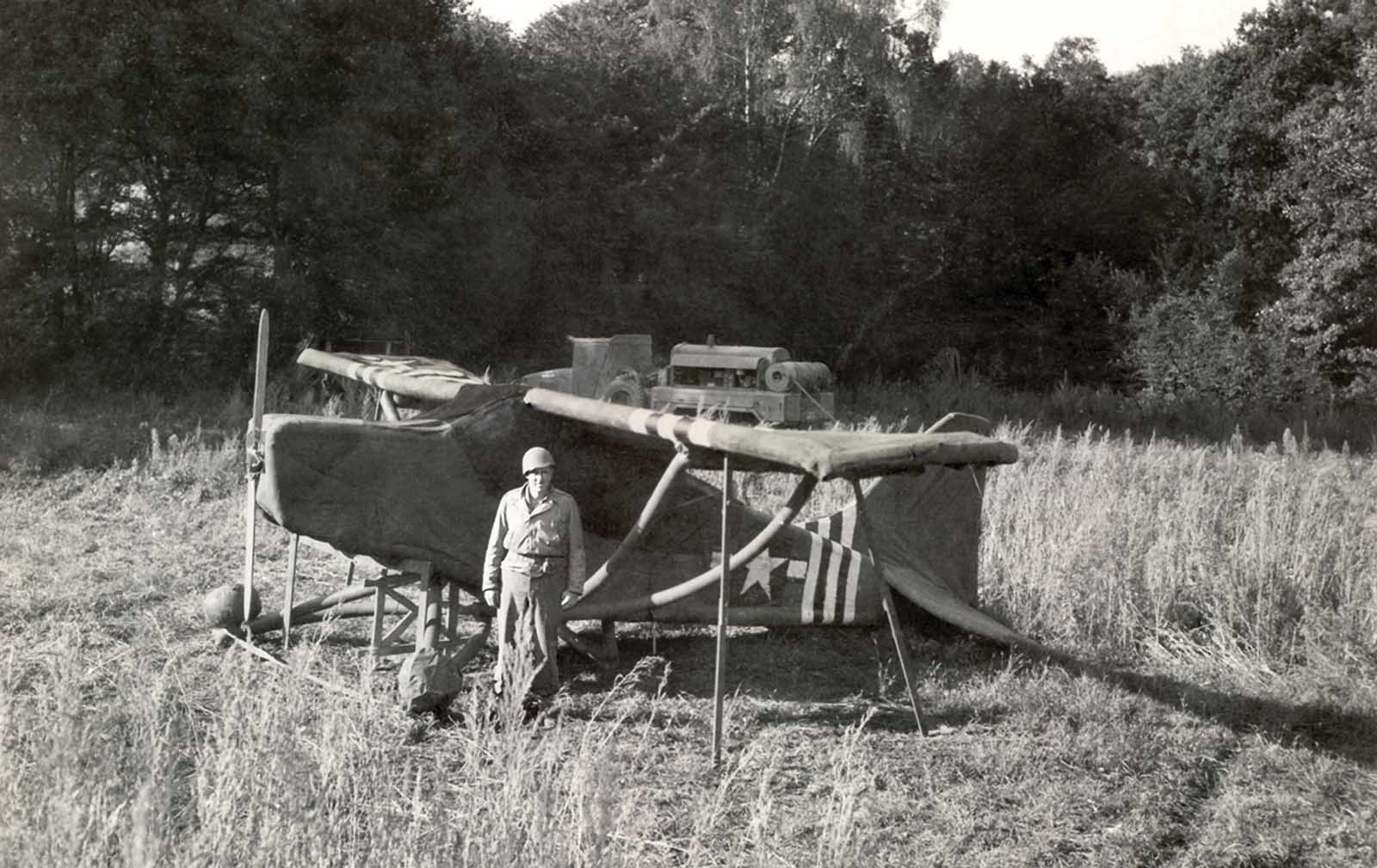 An inflated rubber L-5 reconnaissance plane used by the Ghost Army at one of the last operations on the western border of Germany. Their last performance, Operation Viersen, successfully fooled German forces into converging to defend a point on the Rhine miles away from the actual attack.