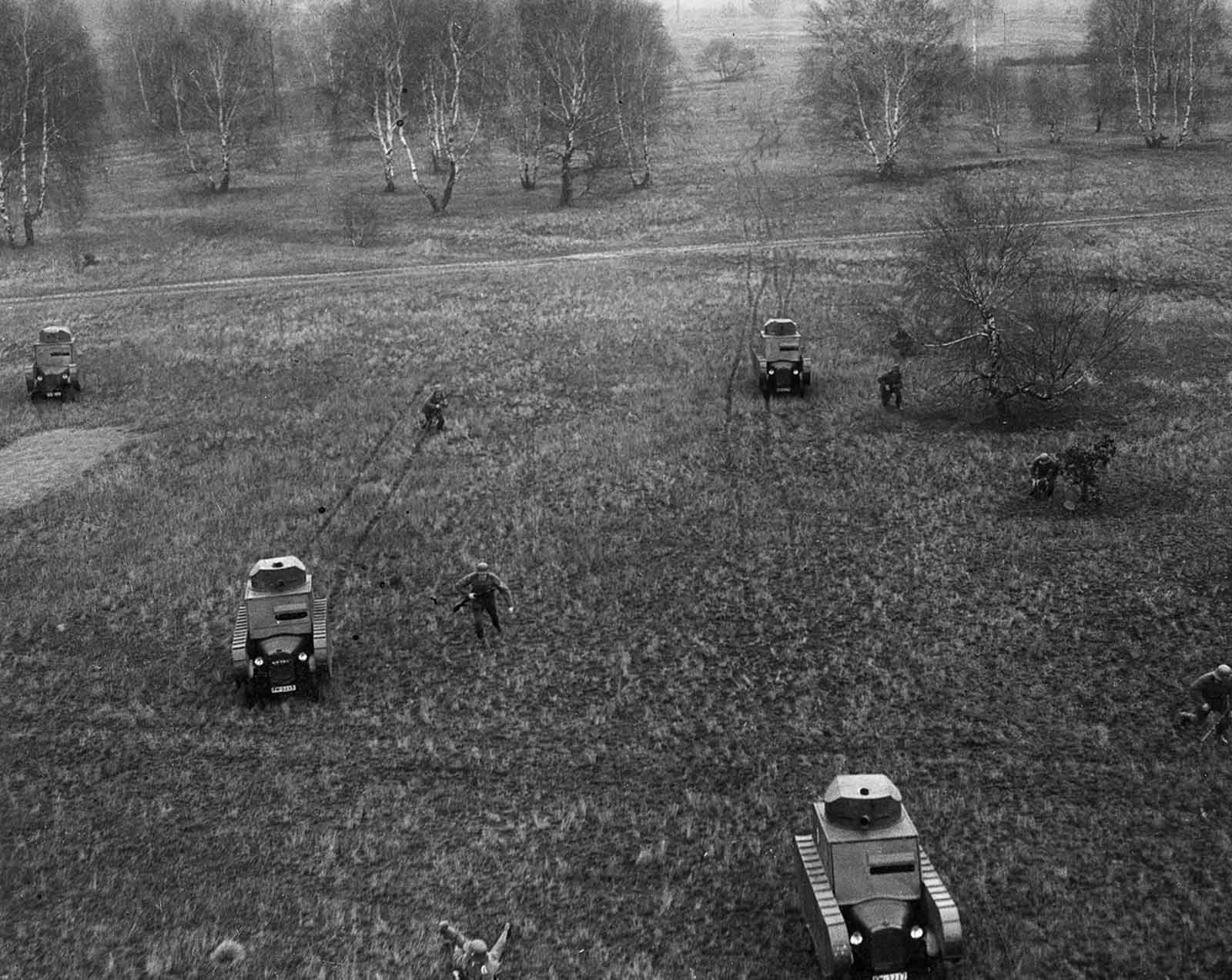 Germans conduct military exercises with dummy tanks. 1932.