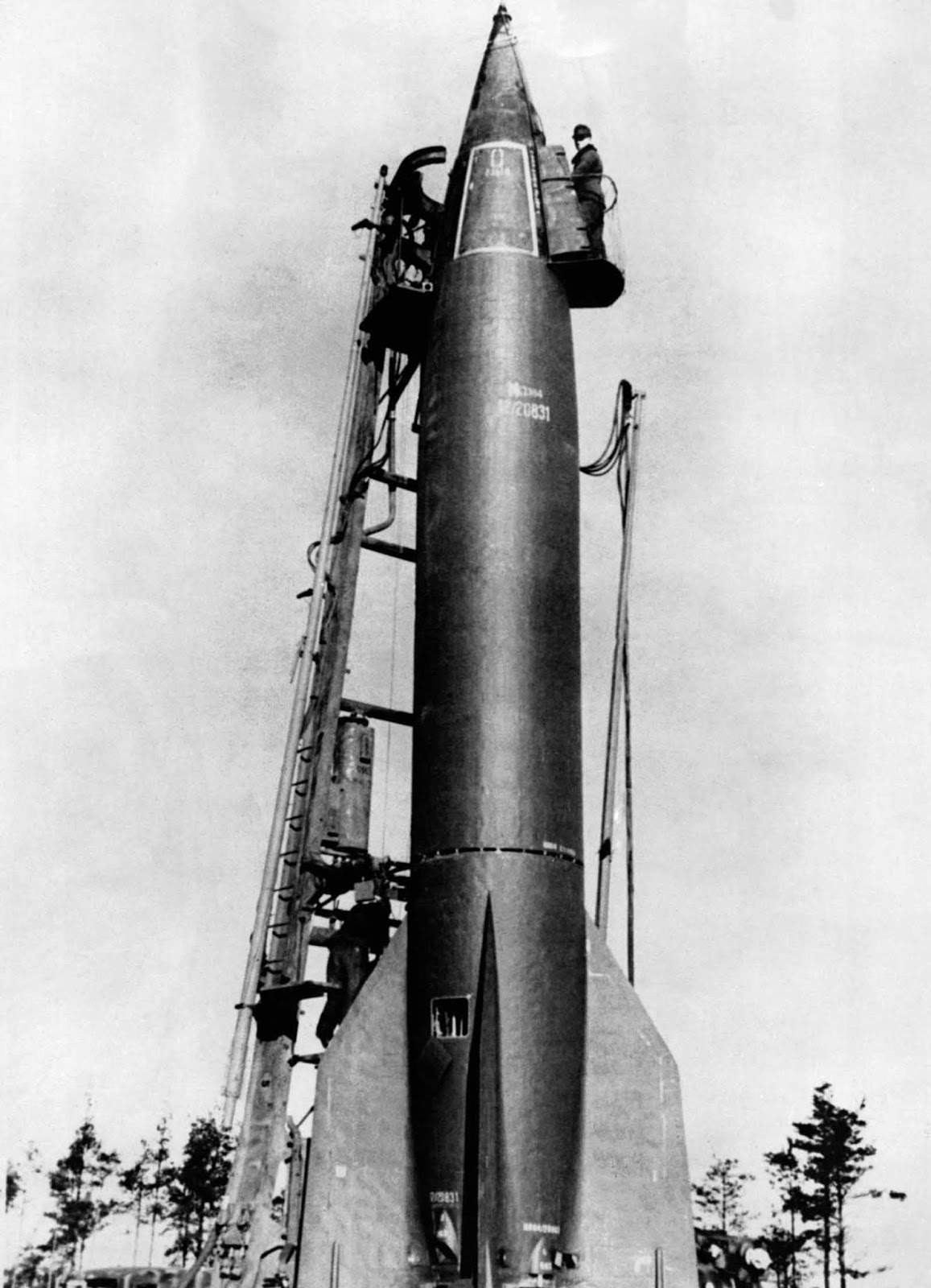 A V-2 rocket is being prepared for launch. 1940.