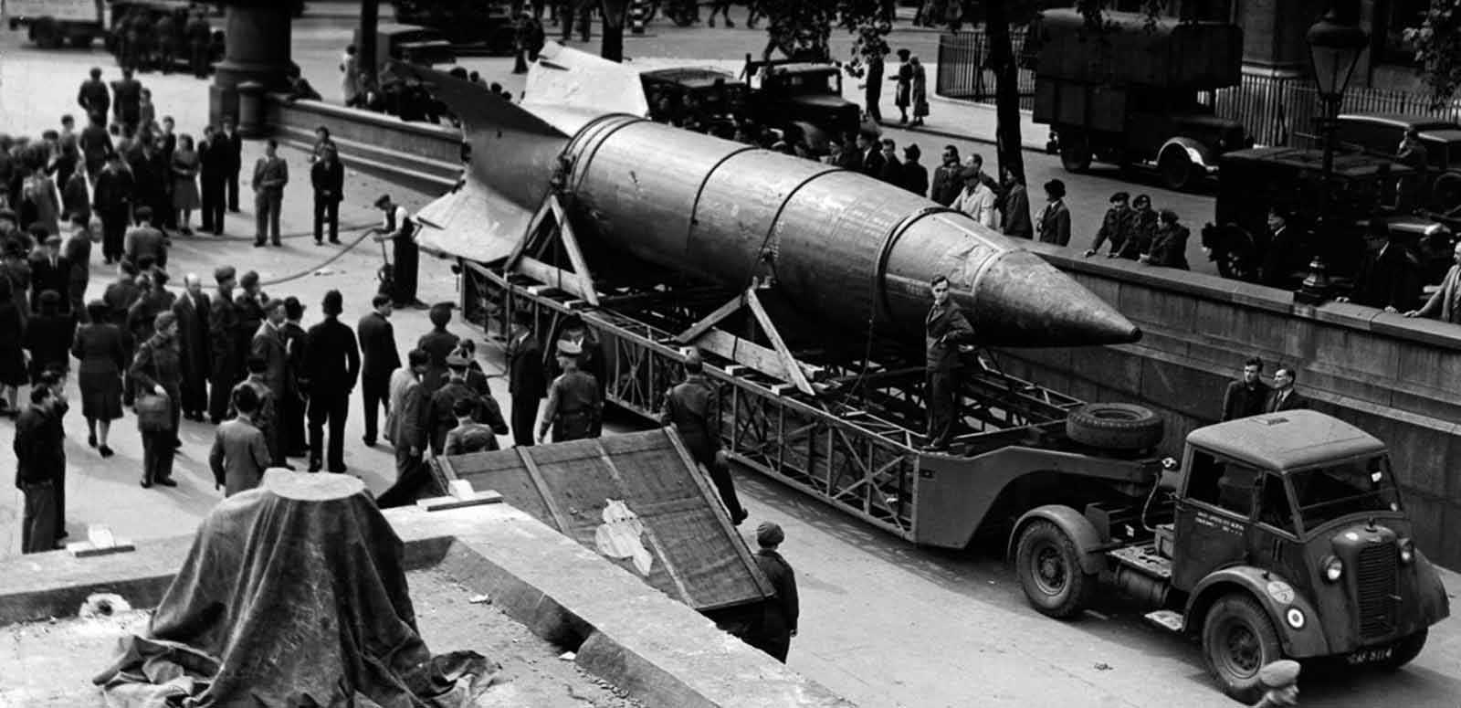 A V-2 rocket arriving in Trafalgar Square, London, to take part in the London National Savings Week campaign. 1945.
