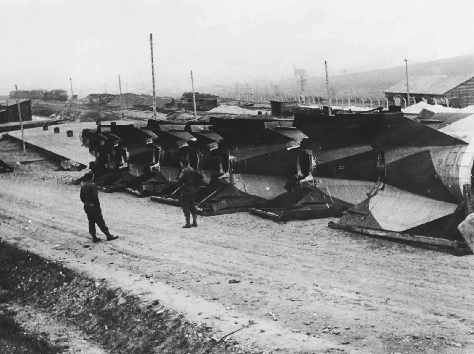 V-2 segments at a German munitions factory captured by Allied forces. 1945.