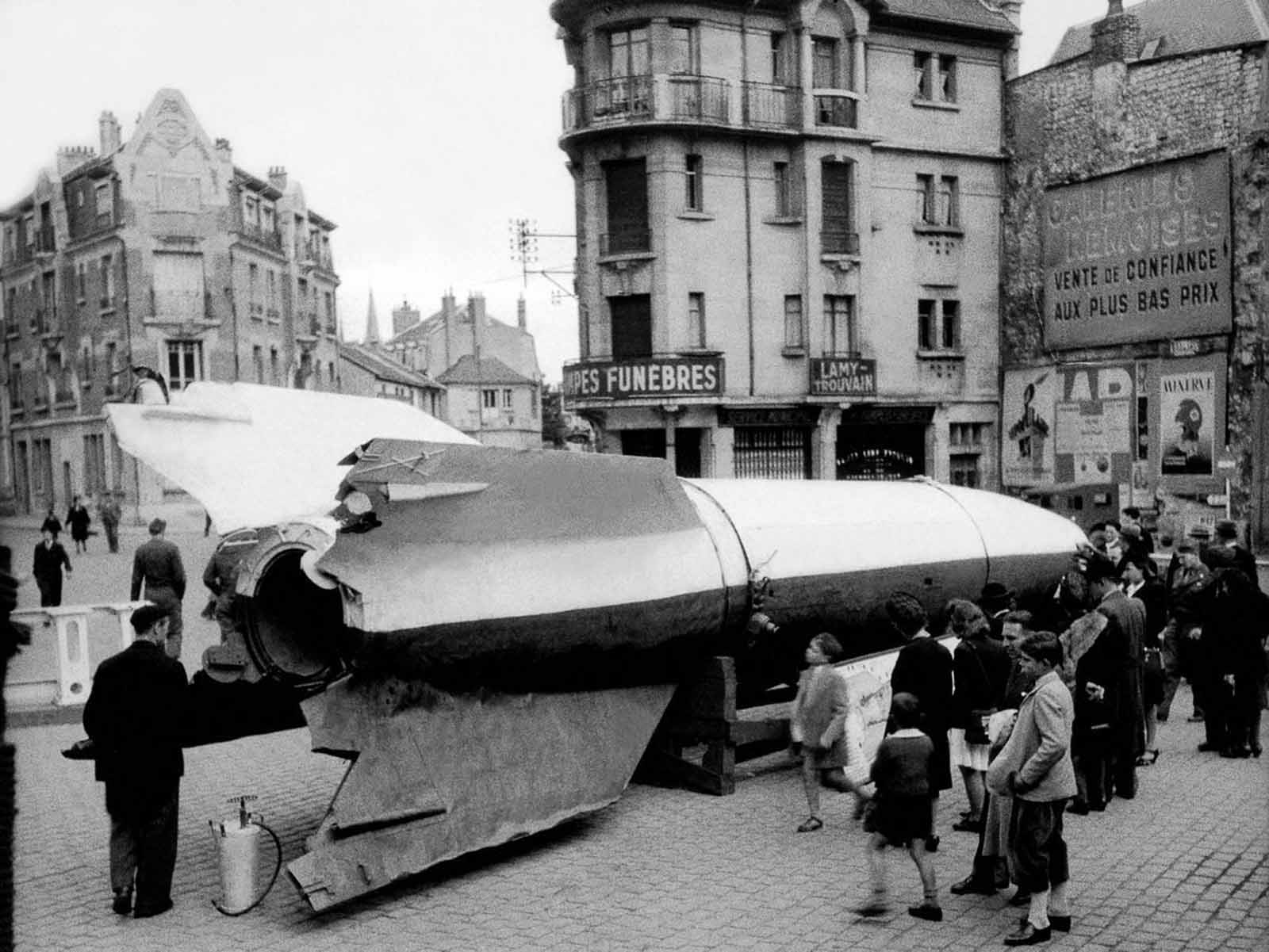 A V-2 rocket on display in Reims, France. 1945.