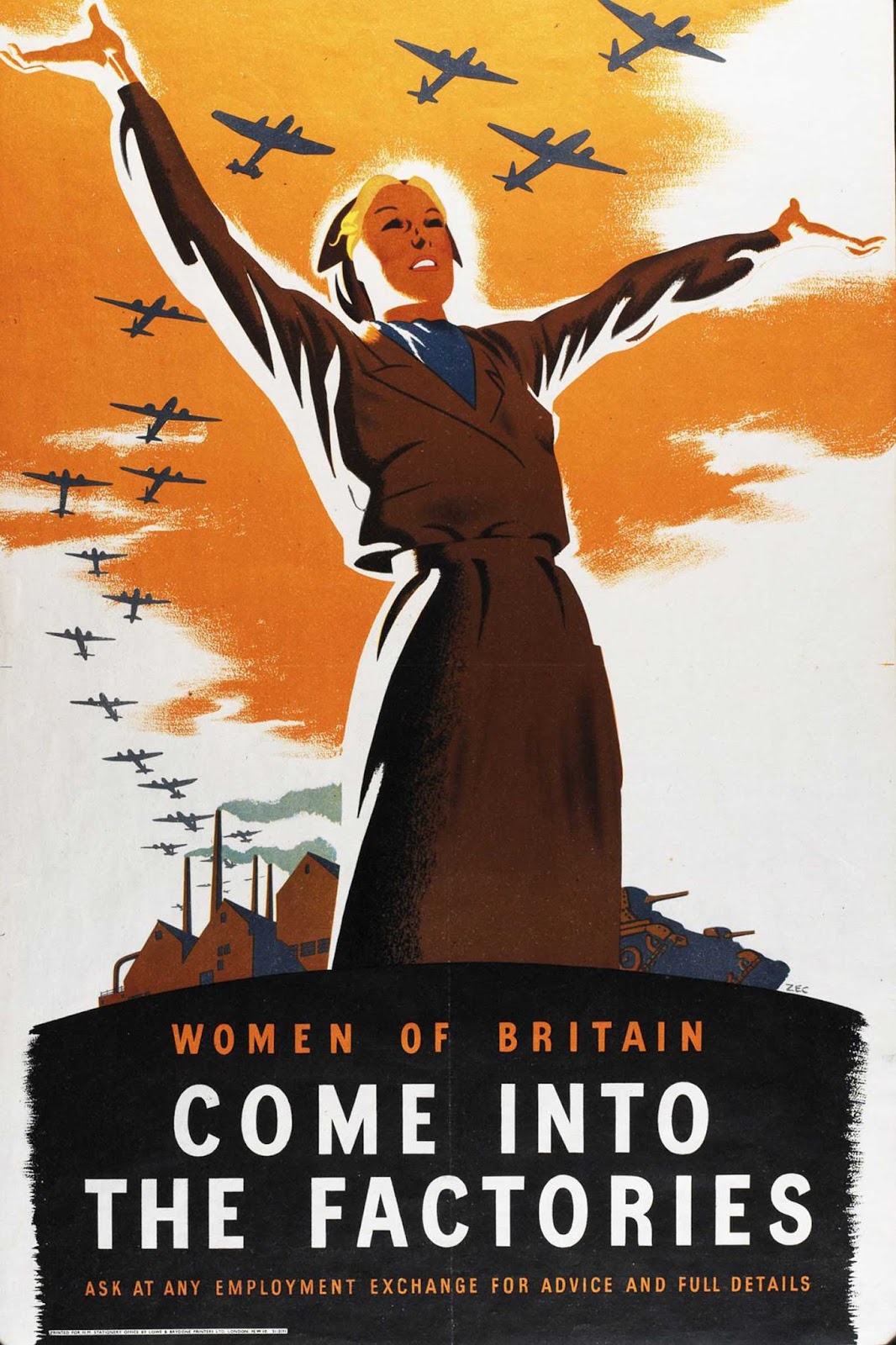 A British propaganda poster urges women to take up manufacturing jobs to help the war effort. 1941.