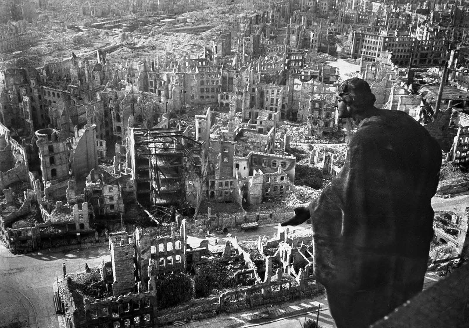 A view taken from Dresden's town hall of the destroyed Old Town after the allied bombings between February 13 and 15, 1945. Some 3,600 aircraft dropped more than 3,900 tons of high-explosive bombs and incendiary devices on the German city. The resulting firestorm destroyed 15 square miles of the city center, and killed more than 22,000.