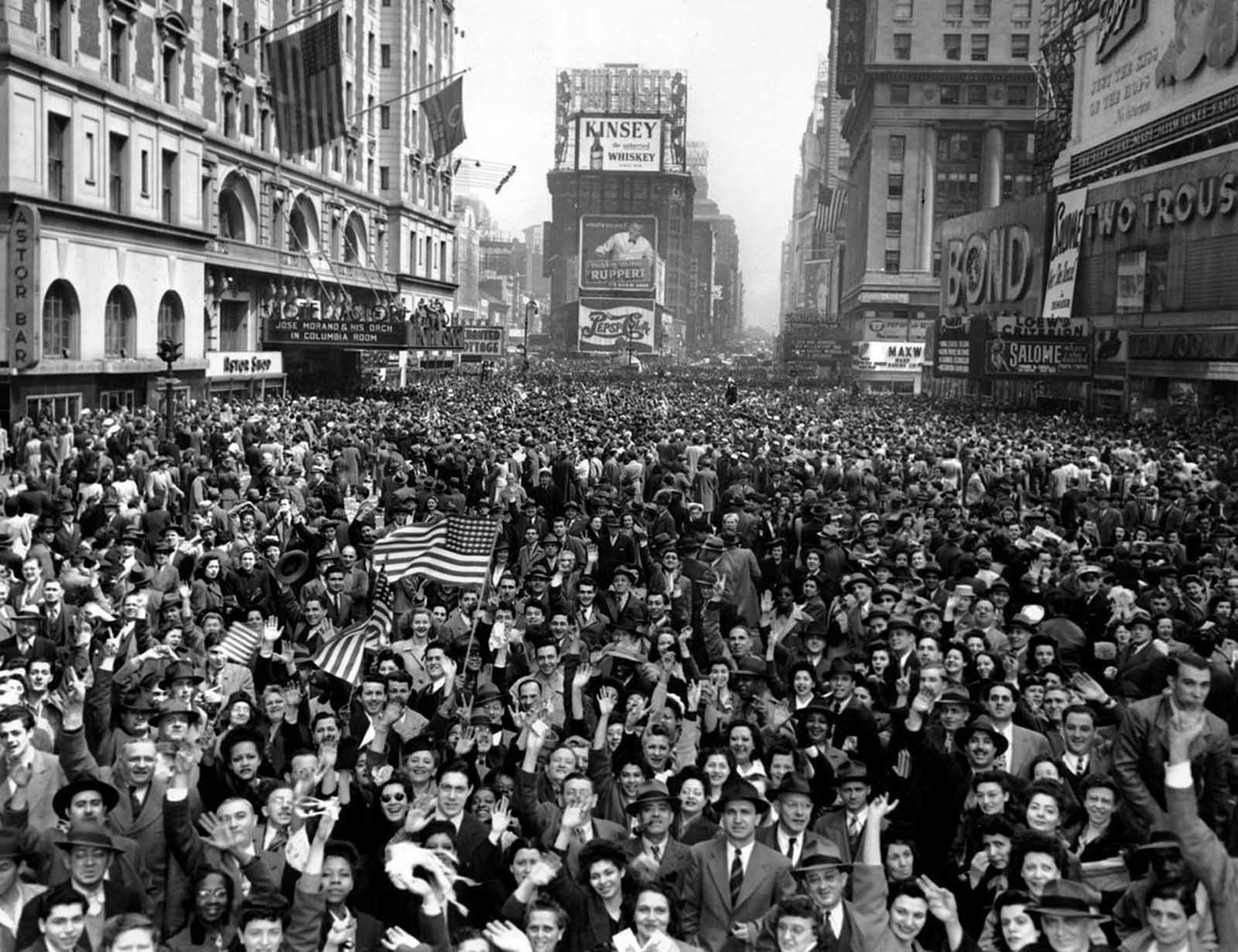 Looking north from 44th Street, New York's Times Square is packed Monday, May 7, 1945, with crowds celebrating the news of Germany's unconditional surrender in World War II. 