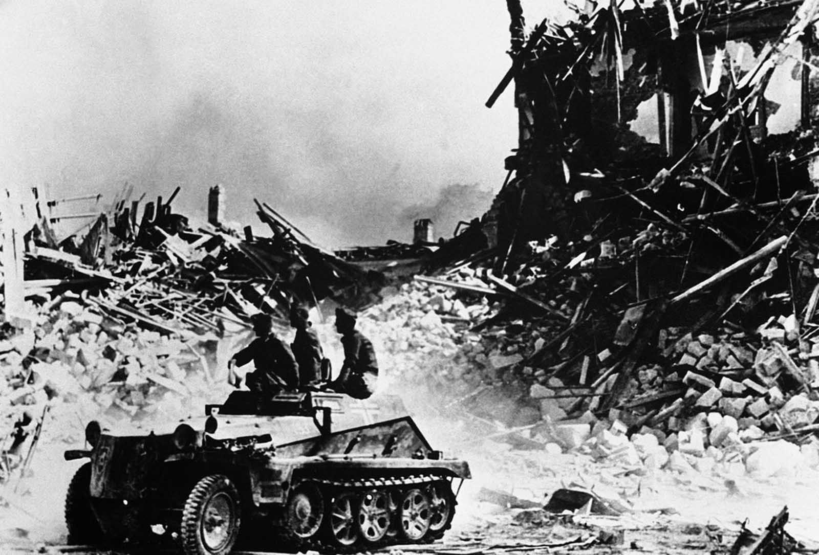 A German armored car amidst the debris of the Soviet fortress Sevastopol in Ukraine on August 4, 1942.