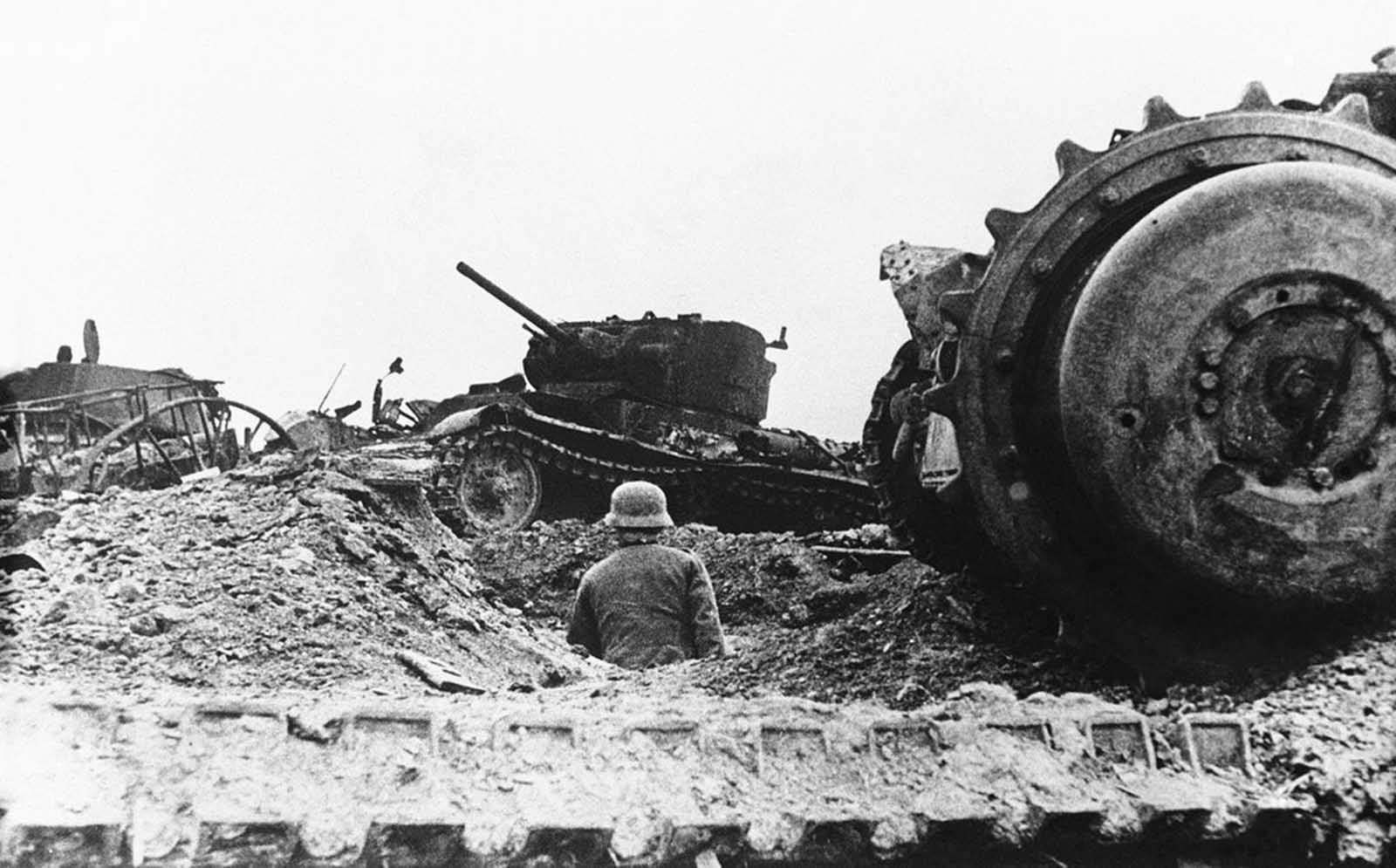 A tank cemetery which the Germans are stated to have established at Rzhev on December 21, 1942. Some 2,000 tanks were said to be in this cemetery in various stages of disrepair.