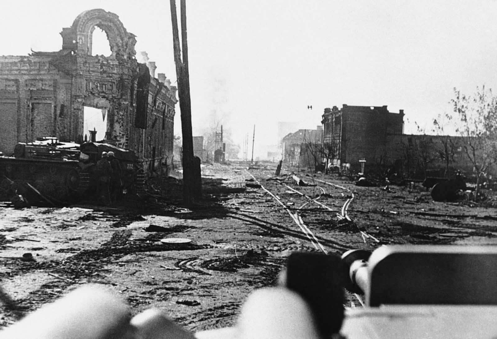 Ruins of part of the city of Stalingrad, on November 5, 1942, following huge battles, with wrecked shells of buildings on either side.
