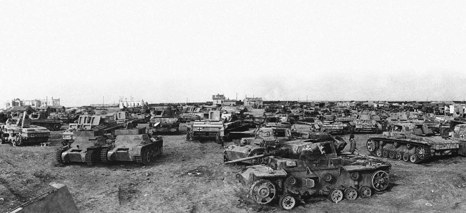 Captured German tanks southwest of Stalingrad, shown on April 14, 1943.
