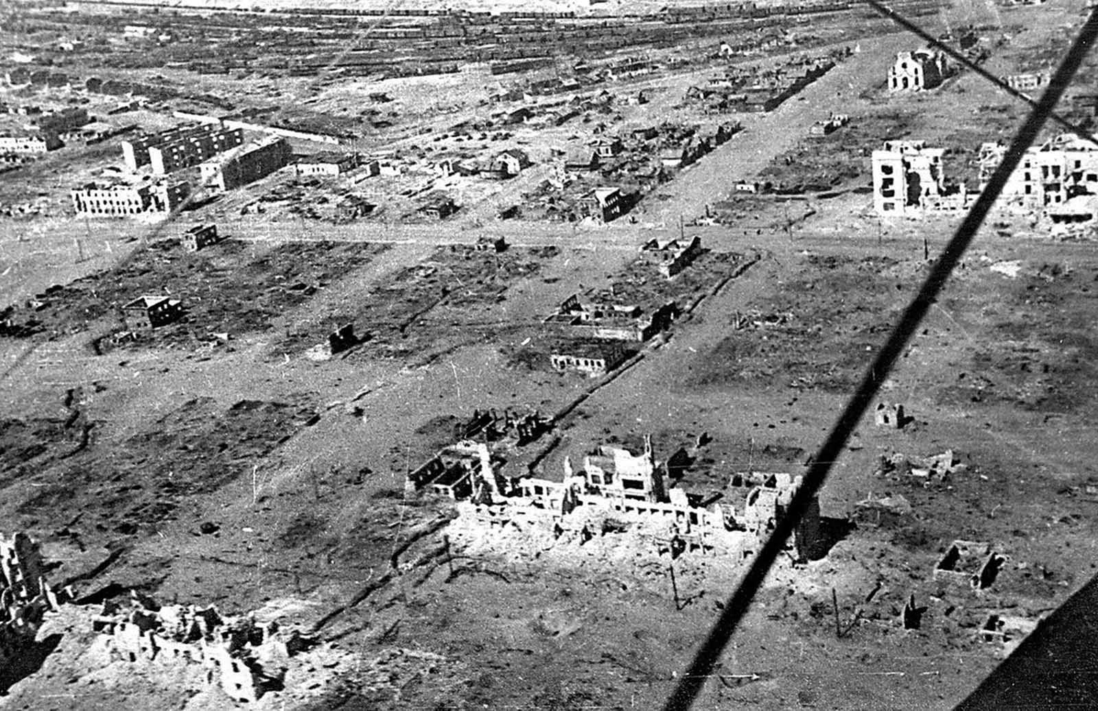 The ruins of Stalingrad -- nearly completely destroyed after some six months of brutal warfare -- seen from an aircraft after the end of hostilities, in late 1943.