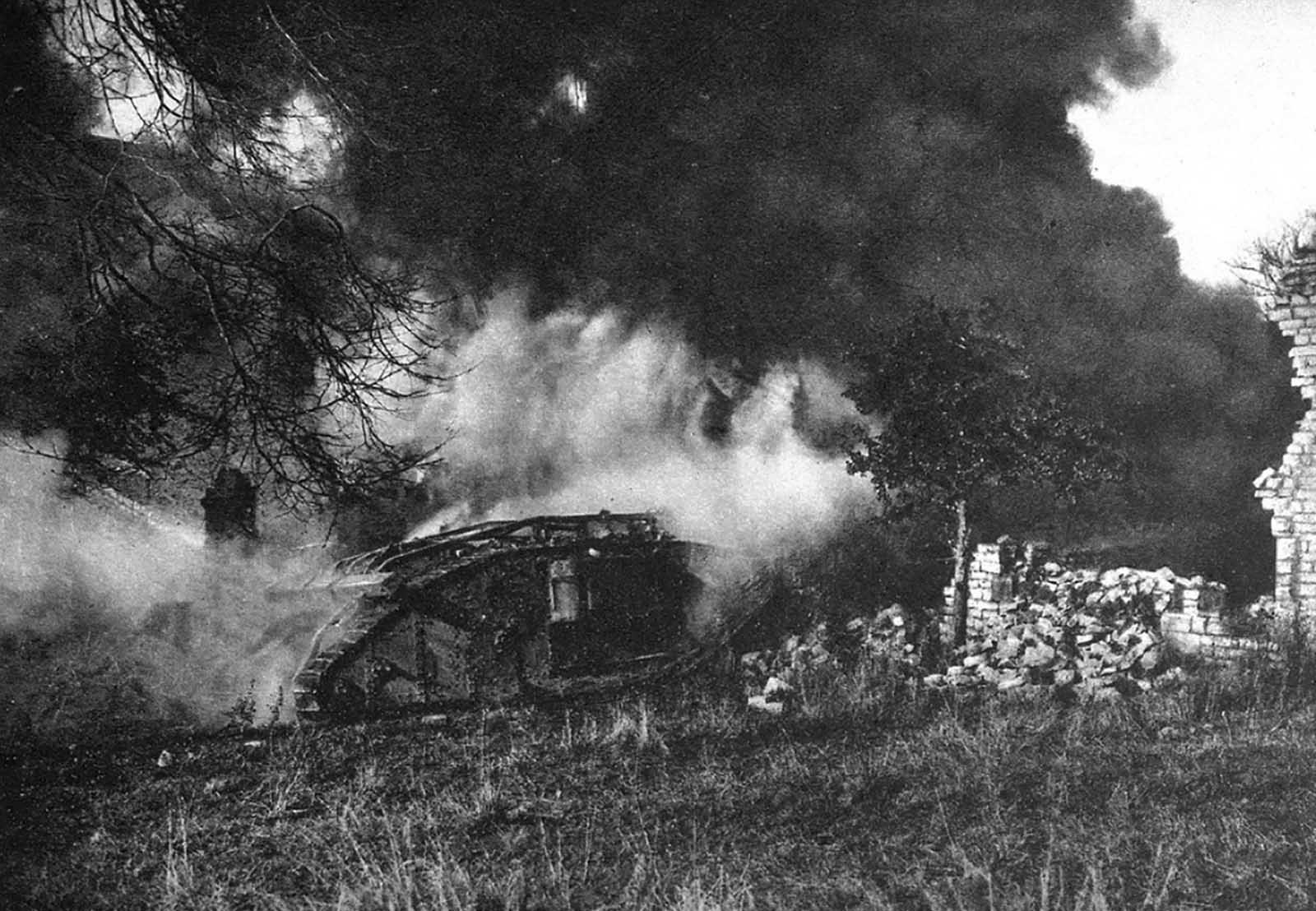 A duel between tank and flamethrower, on the edge of a village, ca. 1918.