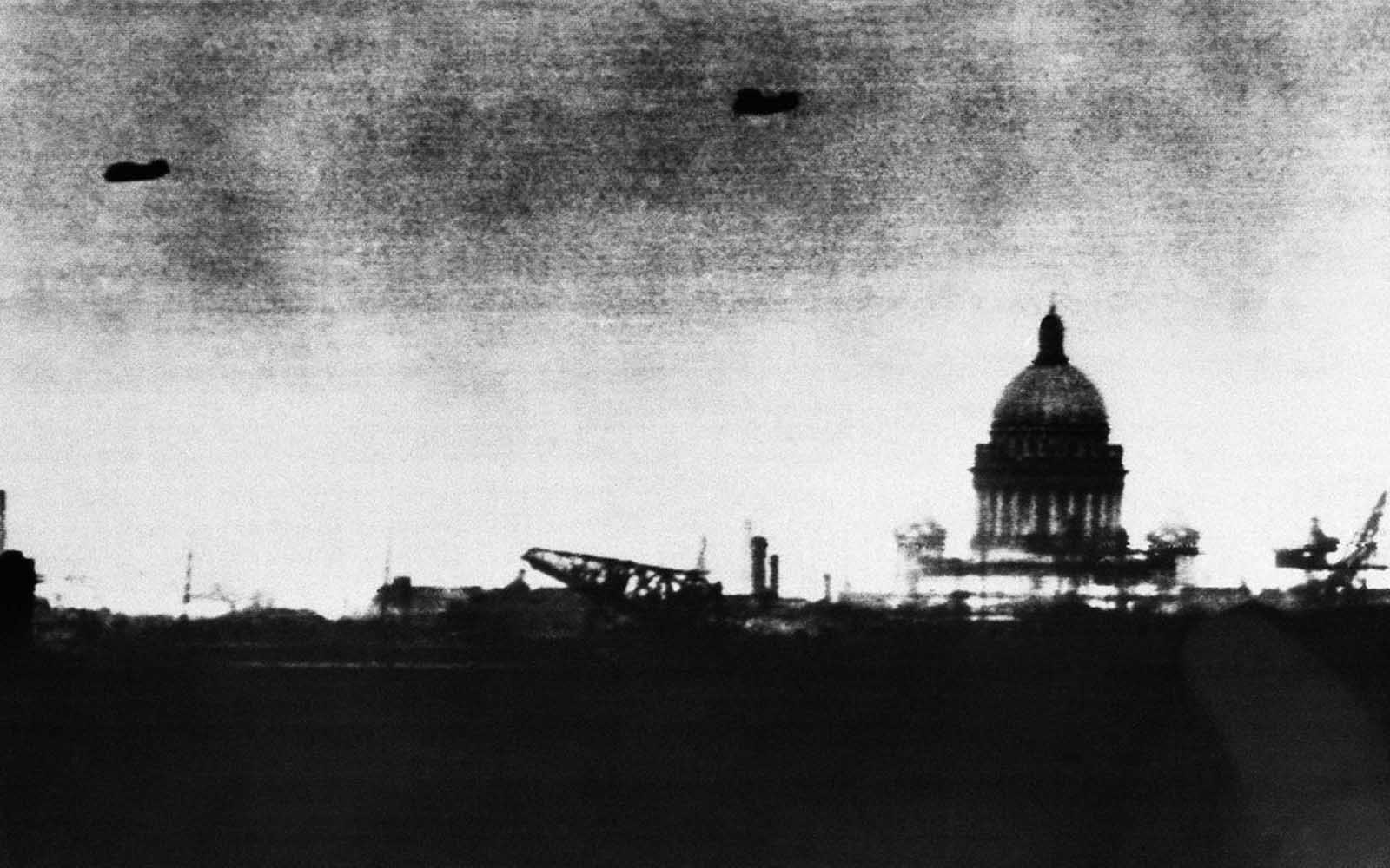 German officials claimed that this photo was a long-distance camera view of Leningrad, taken from the Germans' seige lines, on October 1, 1941, the dark shapes in the sky were identified as Soviet aircraft on patrol, but were more likely barrage balloons. This would mark the furthest advance into the city for the Germans, who laid seige to Leningrad for more than two more years, but were unable to fully capture the city.