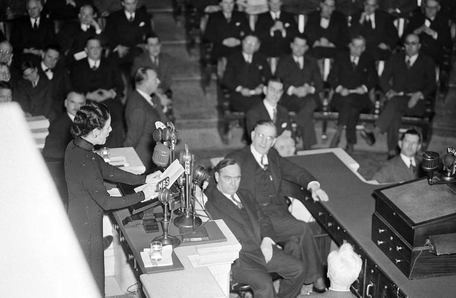 With practically every member present, the U.S. House of Representatives in Washington, District of Columbia, hears its second woman speak other than a member, as Madame Chiang Kai-Shek, wife of China's Generalissimo, pleads for maximum efforts to halt Japan's war aims on February 18, 1943.