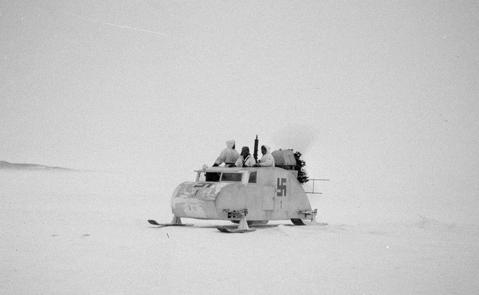 Propeller-driven snowmobile near Haapasaari, Finland. The swastika was used as the official national marking of the Finnish Air Force and Tank Corps between 1918 and 1945.