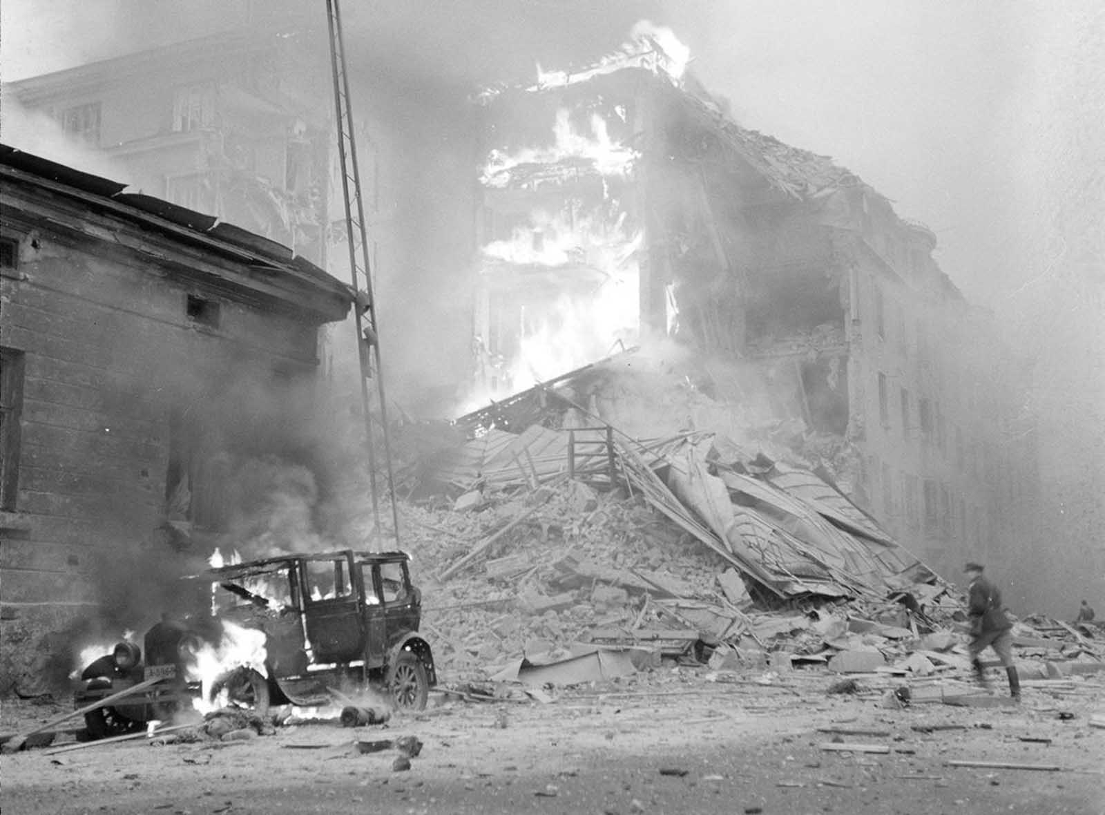 The Soviet bombing of Helsinki, on November 30, 1939. On this day, the Soviet Union invaded Finland with 21 divisions, totaling some 450,000 troops.