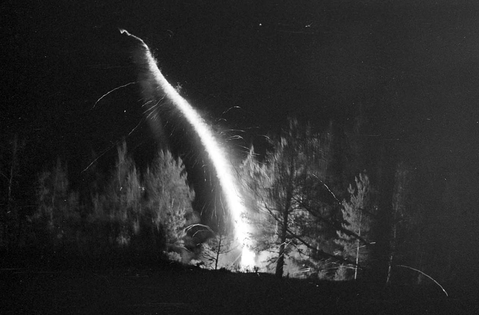A small rocket launched in the woods.