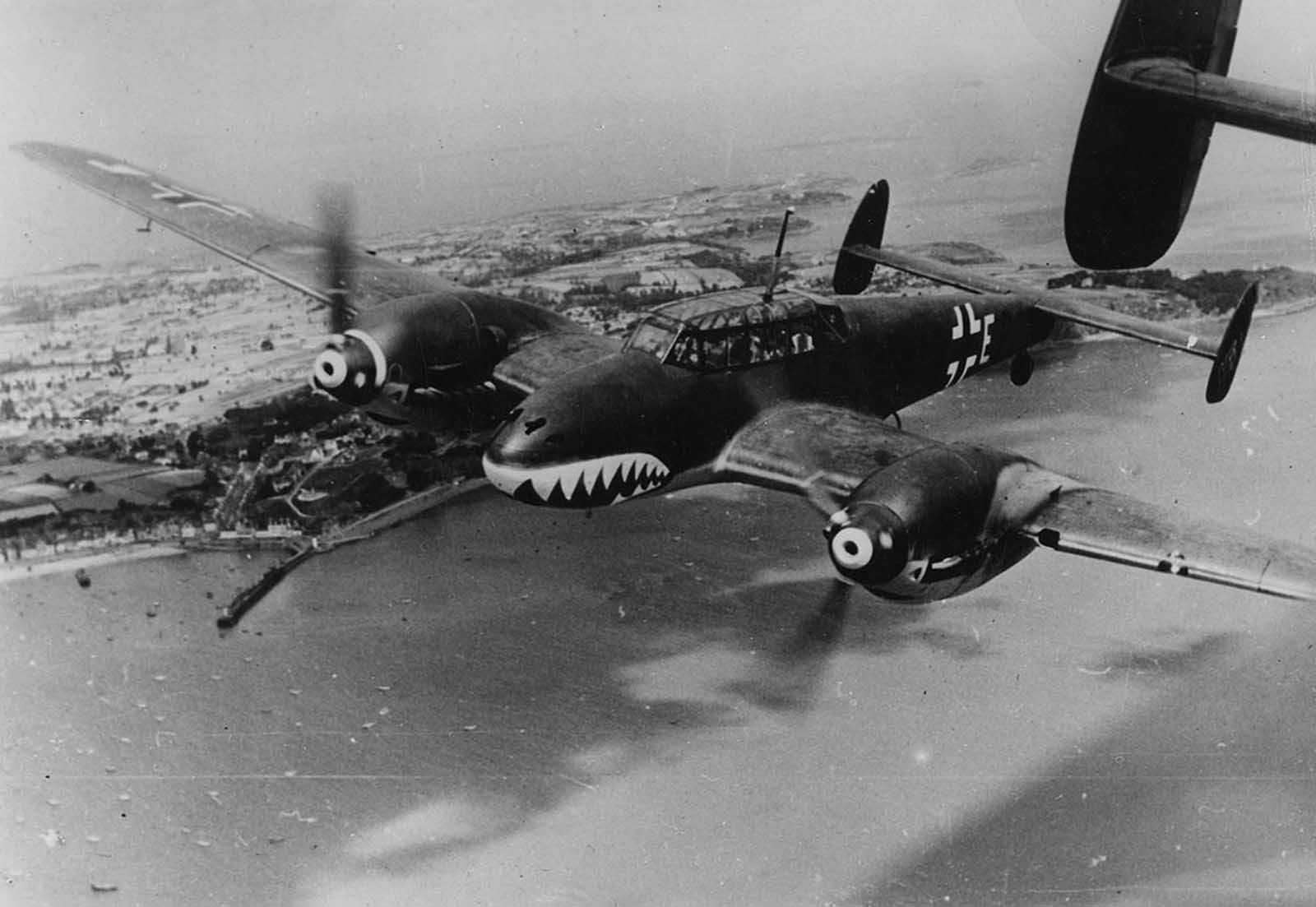 A German twin propelled Messerschmitt BF 110 bomber, nicknamed